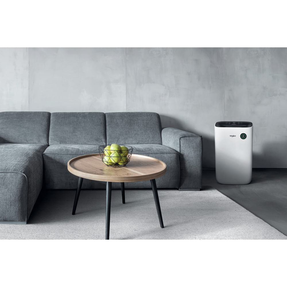 Wohnzimmer mit grauem Sofa, Holztisch mit grünen Äpfeln und Luftreiniger. Graue Wand.