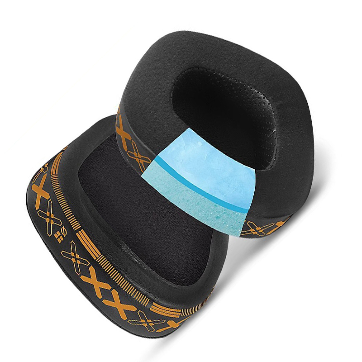 Due cuscinetti auricolari neri con design arancione e adesivo blu.