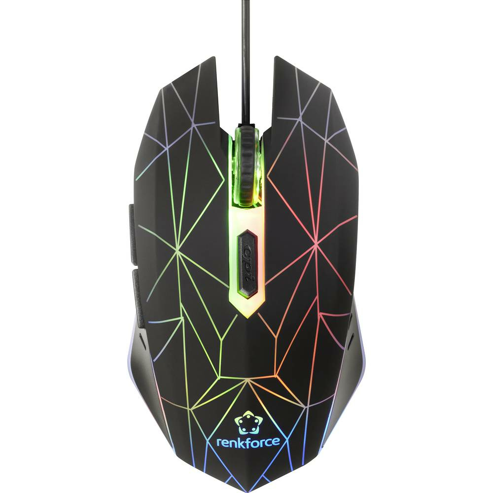 Mouse da gaming nero, illuminato con vari colori. Sfondo bianco.