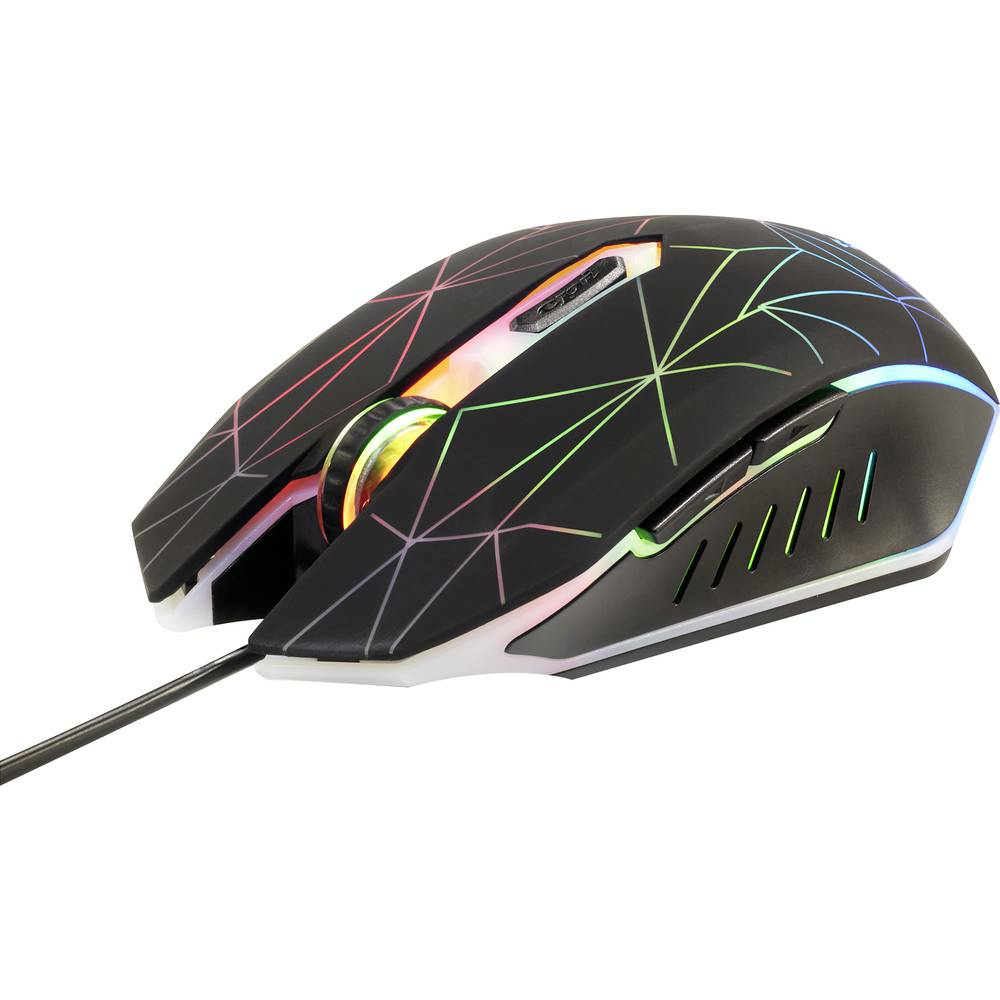 Un mouse da gioco nero con luci colorate. Ha pulsanti laterali e una connessione cablata.