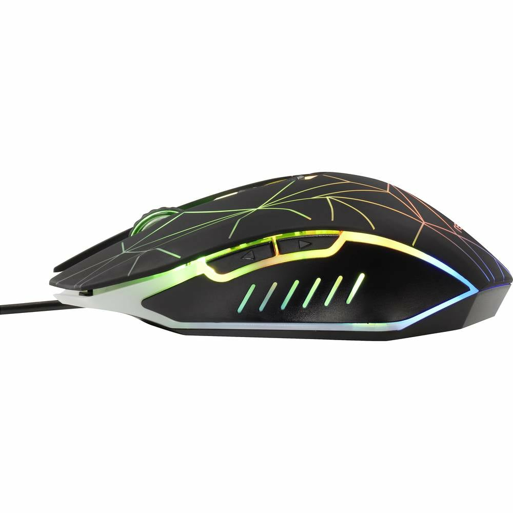 Mouse gaming nero con illuminazione RGB e diversi pulsanti, vista laterale.