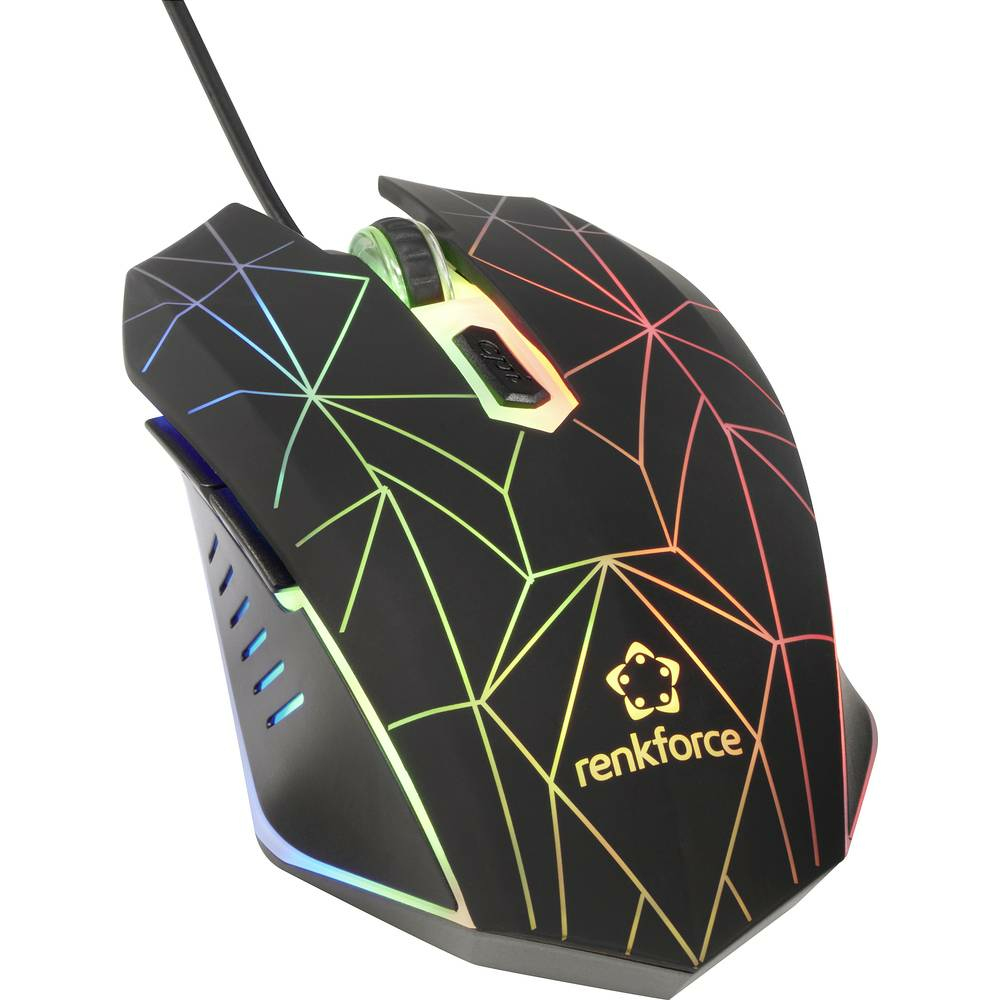 Mouse da gioco nero con luci arcobaleno. Sfondo bianco.