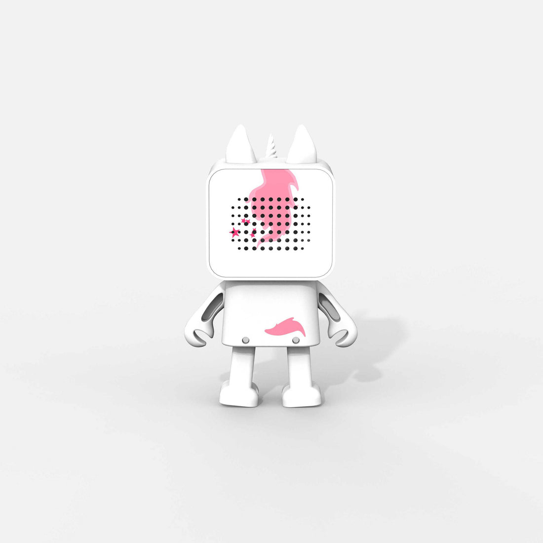Giocattolo robot bianco con dettagli rosa. Ha uno schermo con un design rosa e un corno di unicorno.