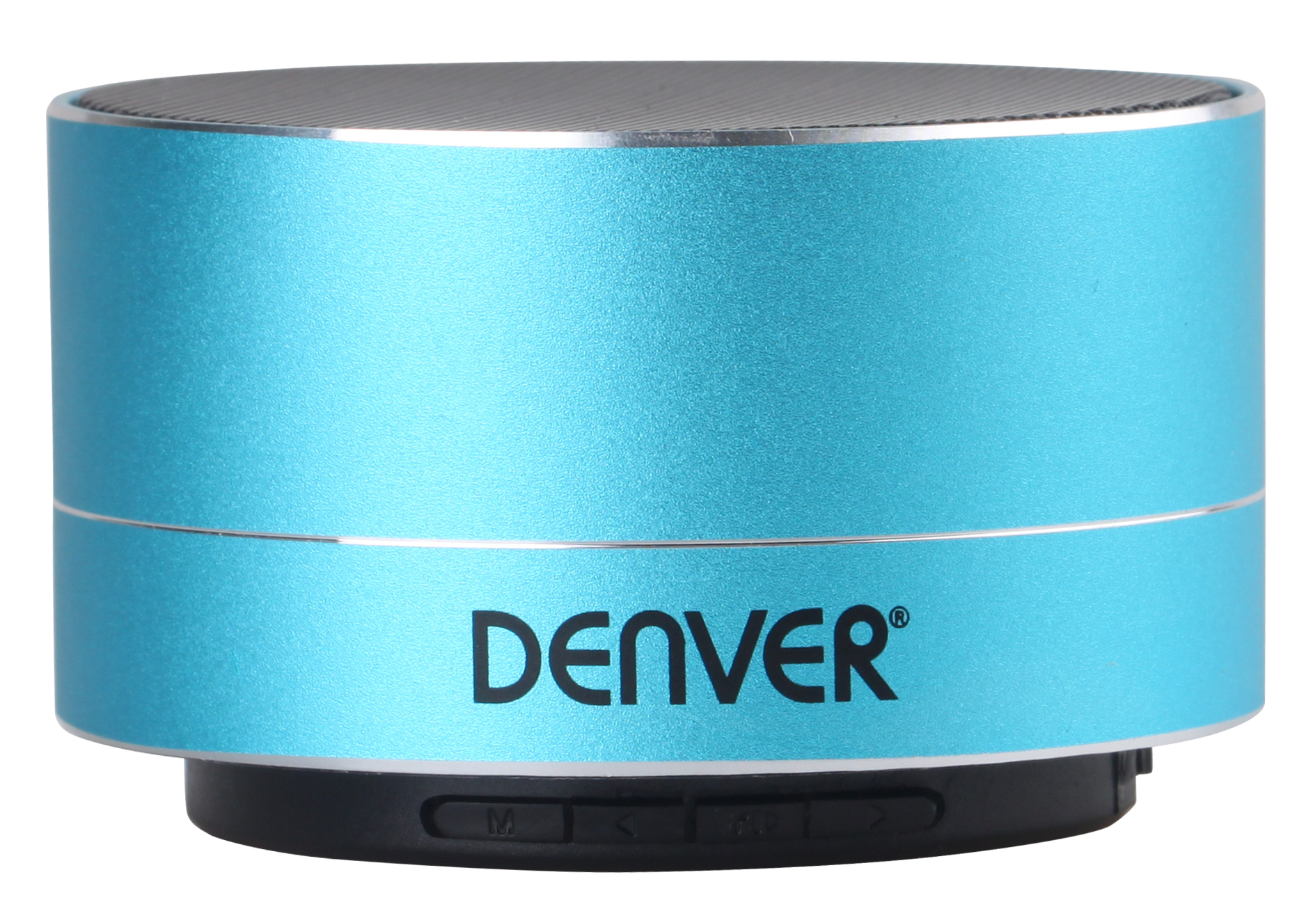 Un altoparlante cilindrico turchese con parte superiore argentata. Il marchio "DENVER" è stampato.