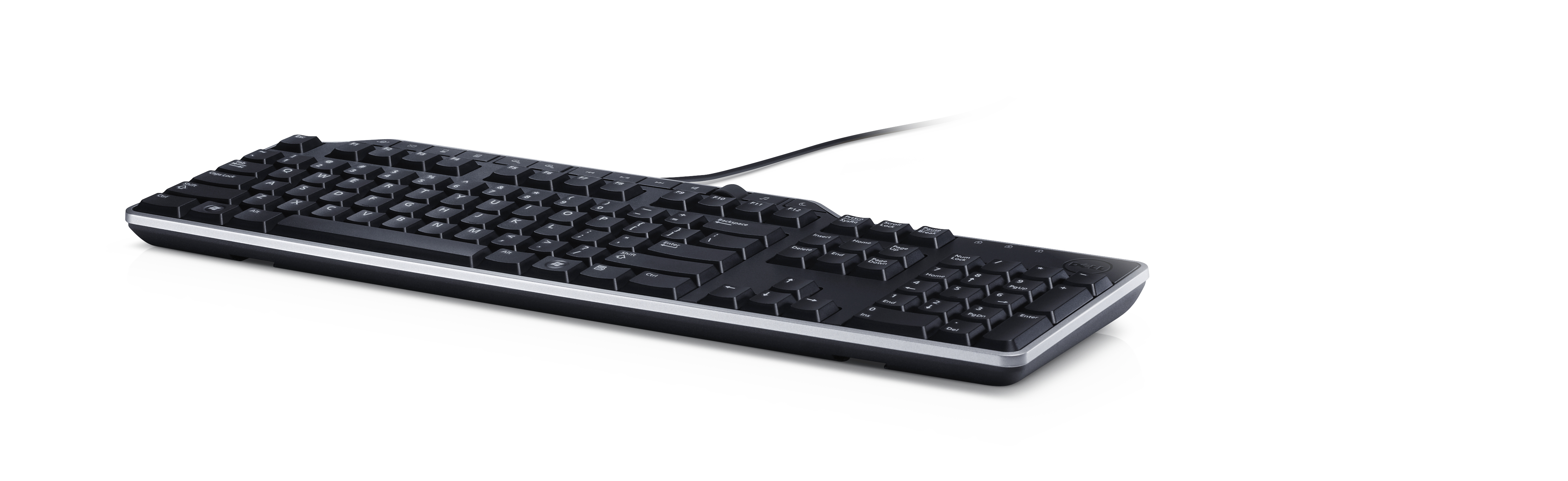 Zwart computertoetsenbord met toetsen, zilveren rand en zwarte kabel.