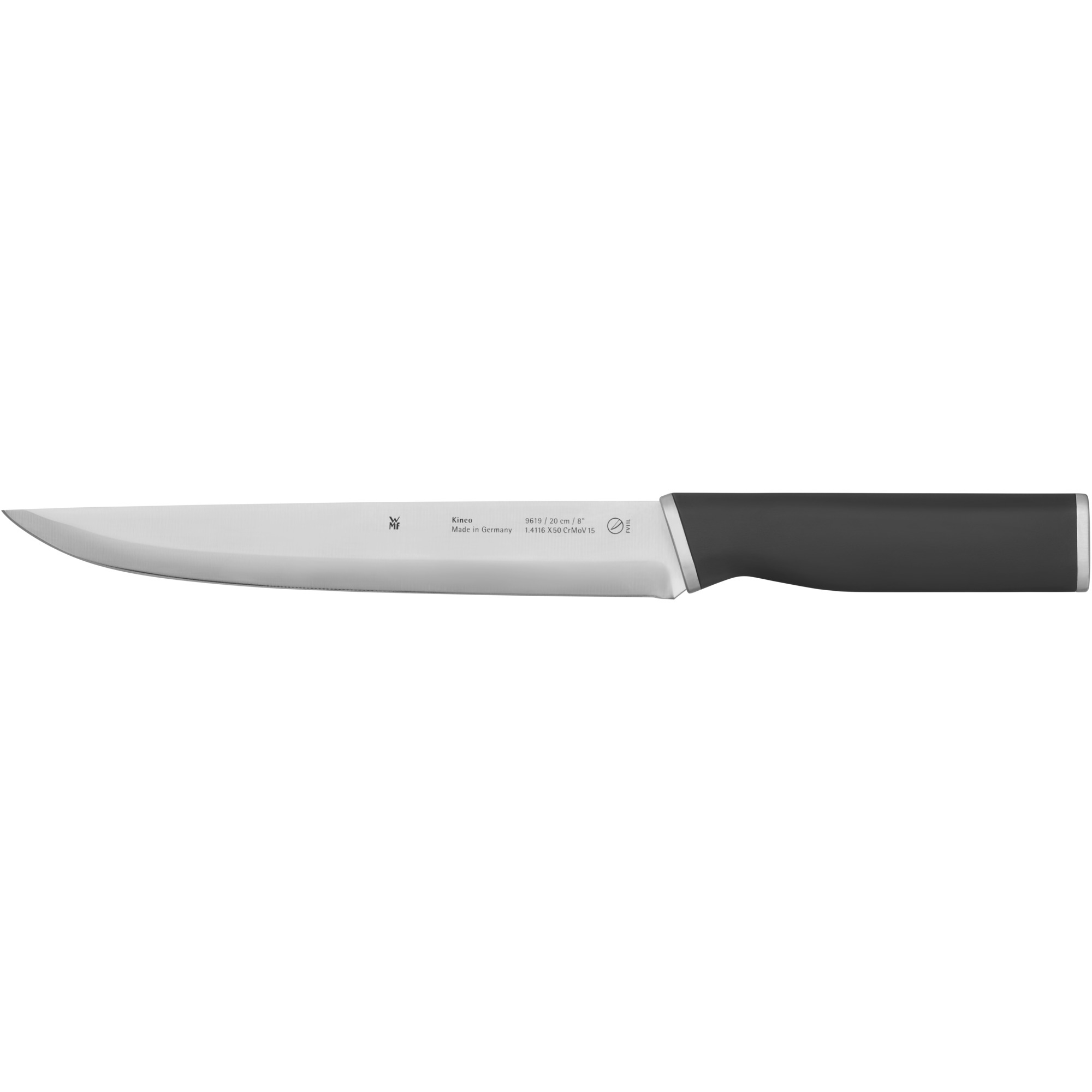 Silbernes und schwarzes Küchenmesser, scharfe Klinge, schwarzer Griff, liegt horizontal.