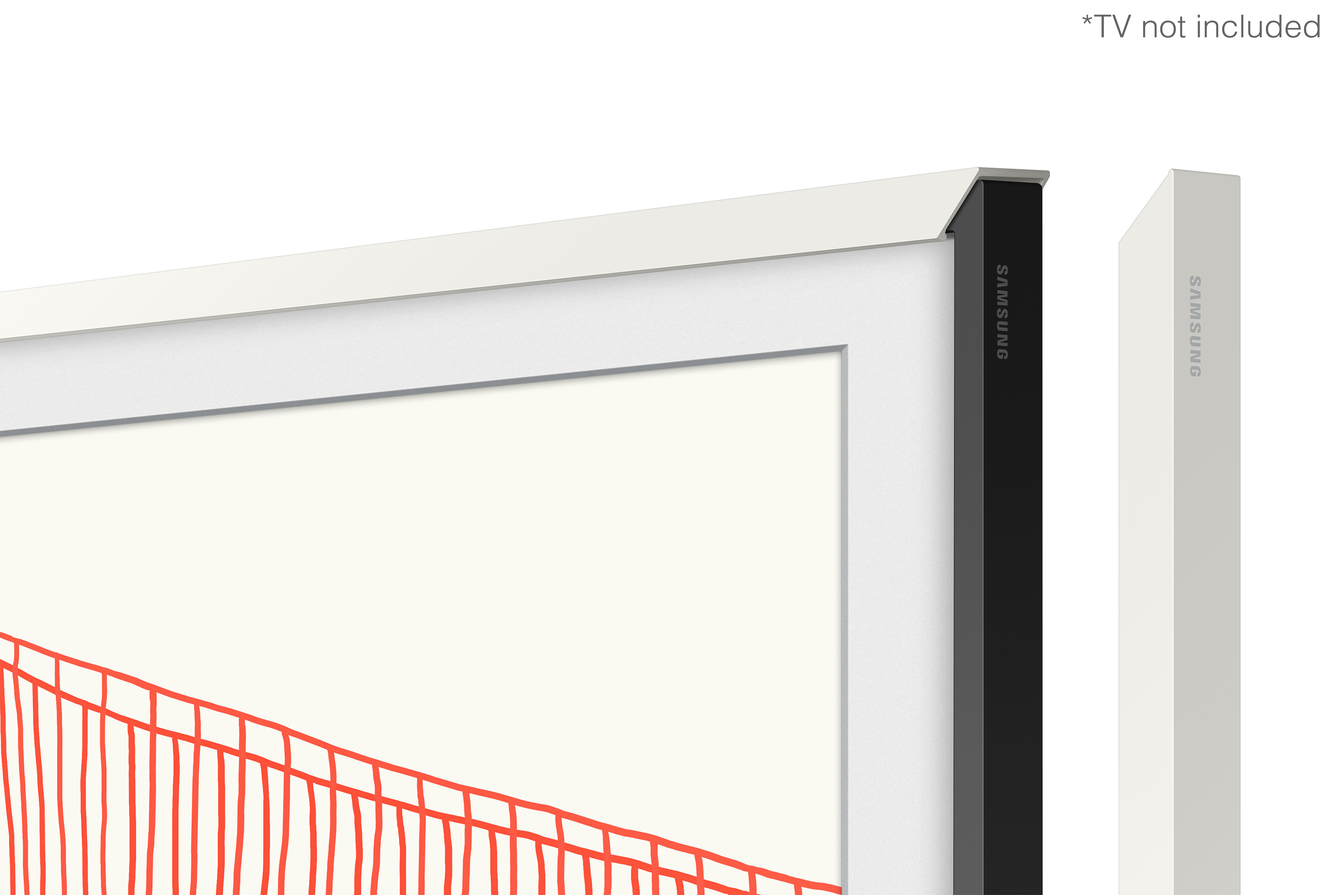 Ramka do telewizora na białym tle. Ma białą ramkę i czarny bok. Telewizor nie jest dołączony.