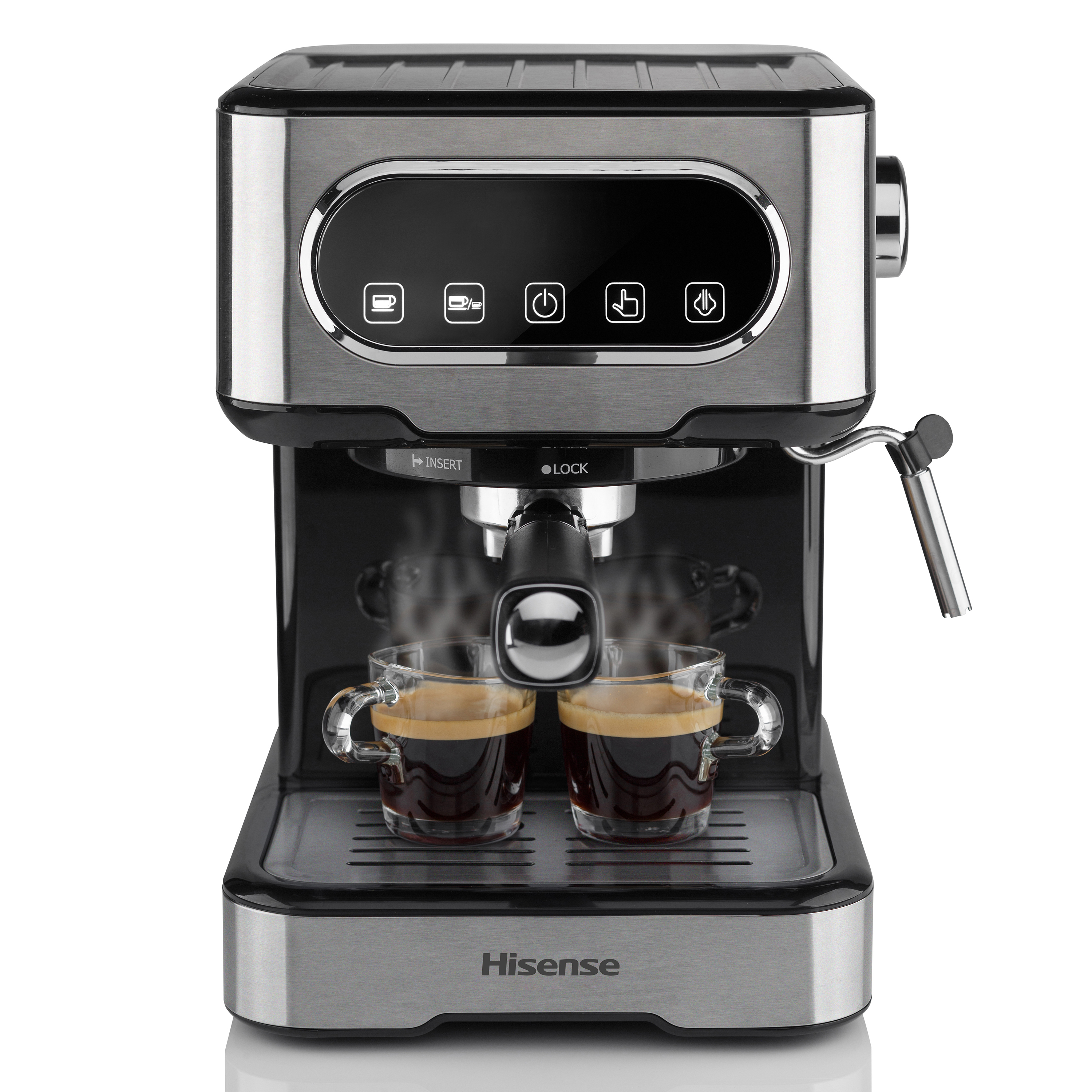 Macchina per caffè espresso argento e nera, due bicchieri, vapore che sale.