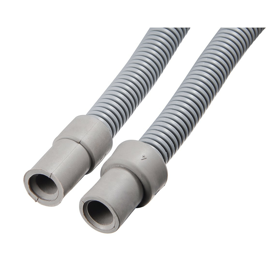Dwie szare rury faliste, z szarymi złączami na końcach. Są na białym tle.