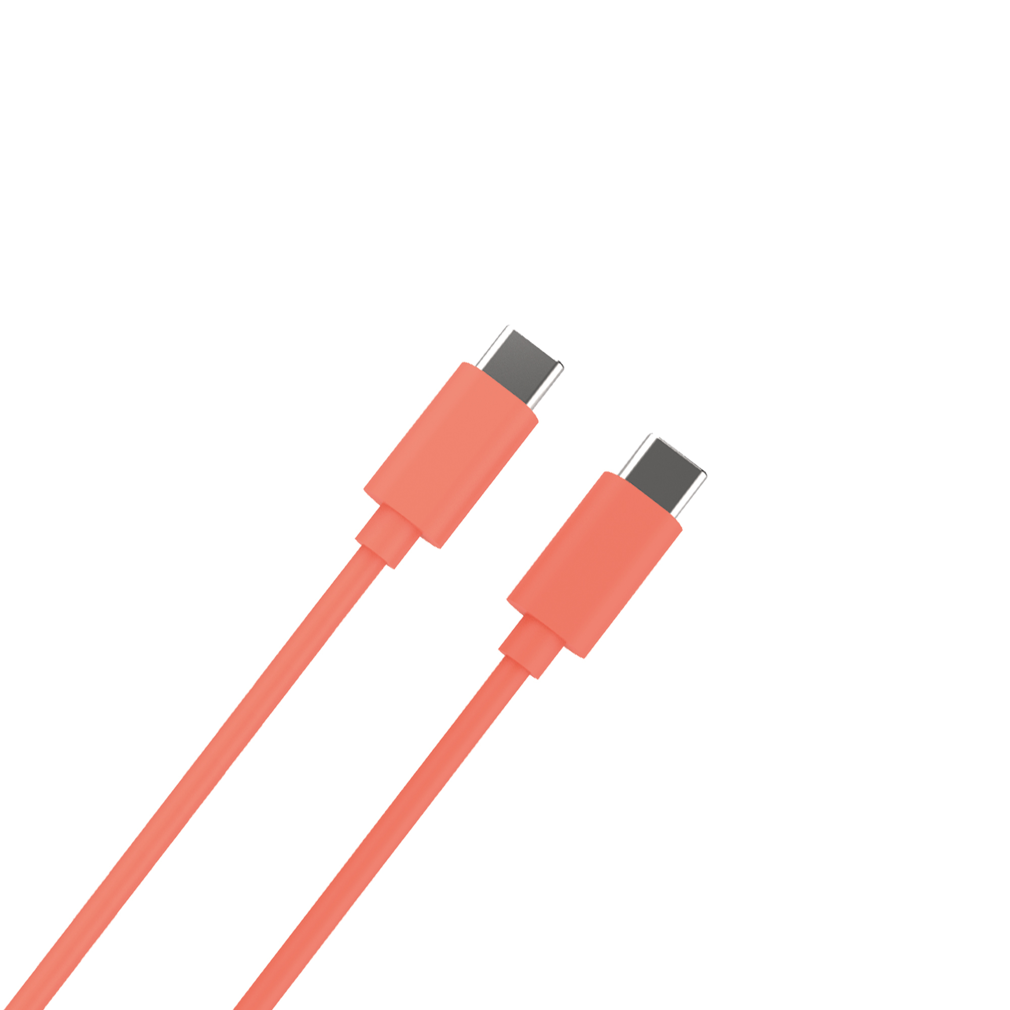 Due cavi USB-C arancioni con connettori argentati su sfondo bianco. Disposizione diagonale.