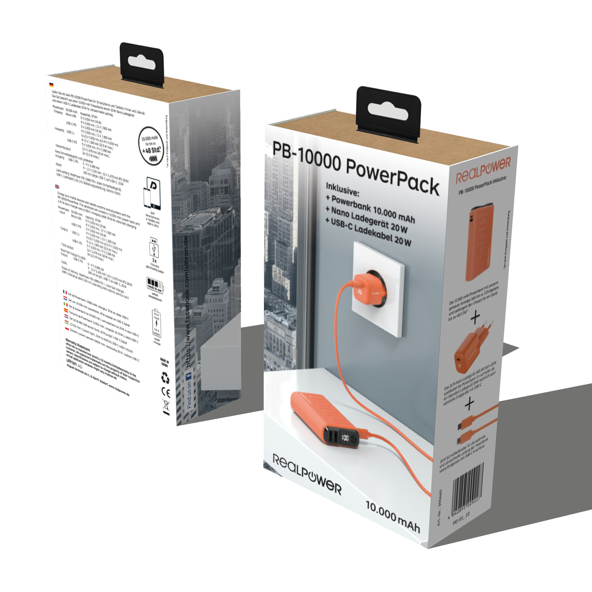 Confezione power bank con power bank, caricabatterie e cavo di ricarica.