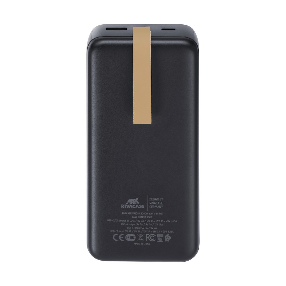 Schwarze Powerbank mit goldenem Detail. Design in Deutschland. Mehrere Ausgangsanschlüsse.