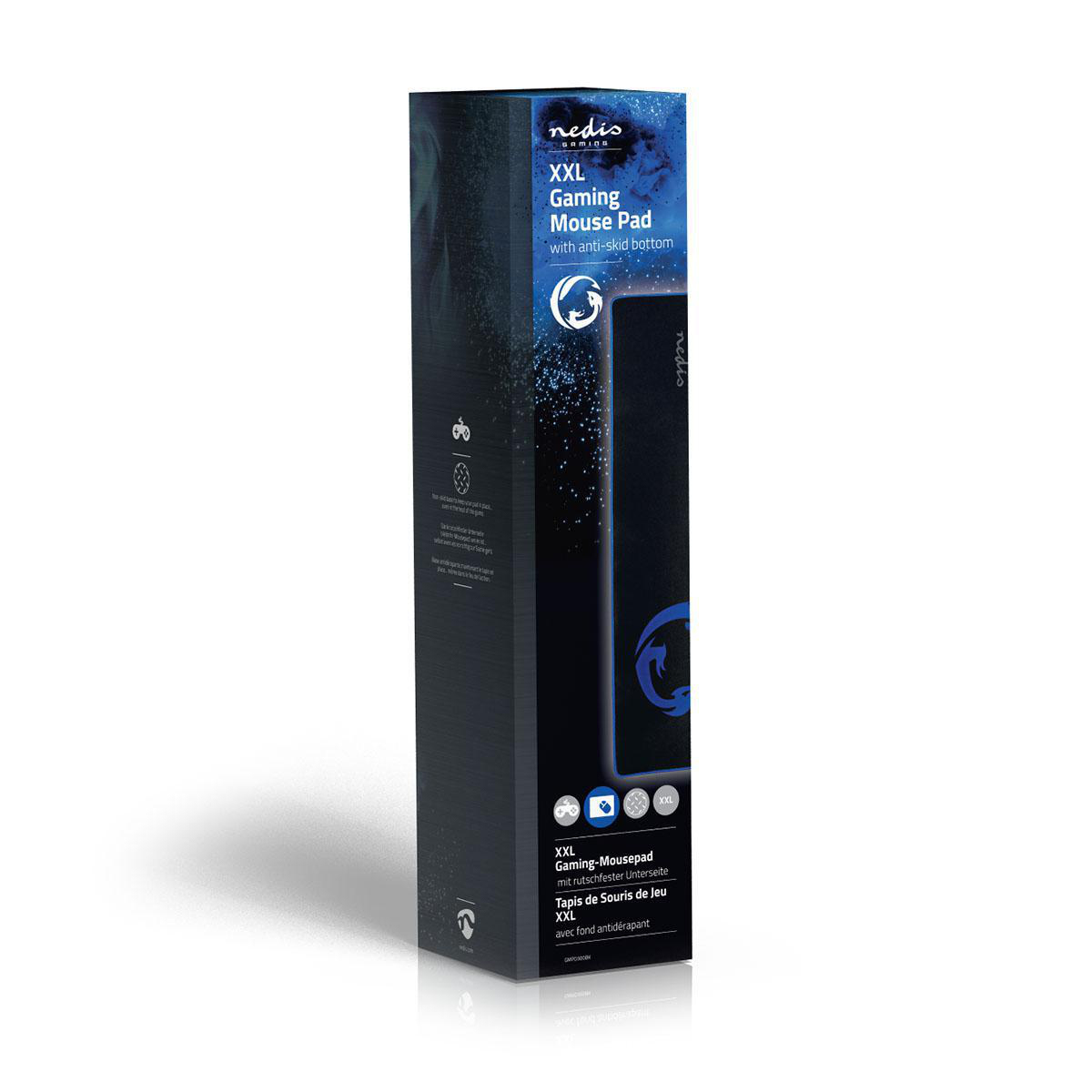 Czarne pudełko na podkładkę pod mysz gaming XXL z antypoślizgowym spodem, logo i informacjami o produkcie.