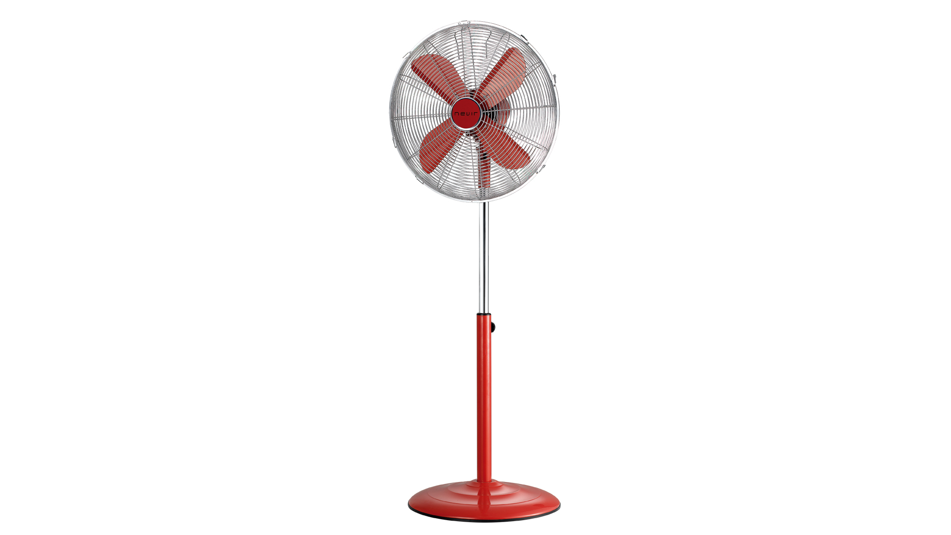 Ventilatore rosso con pale rosse e gabbia argentata, isolato su sfondo bianco.