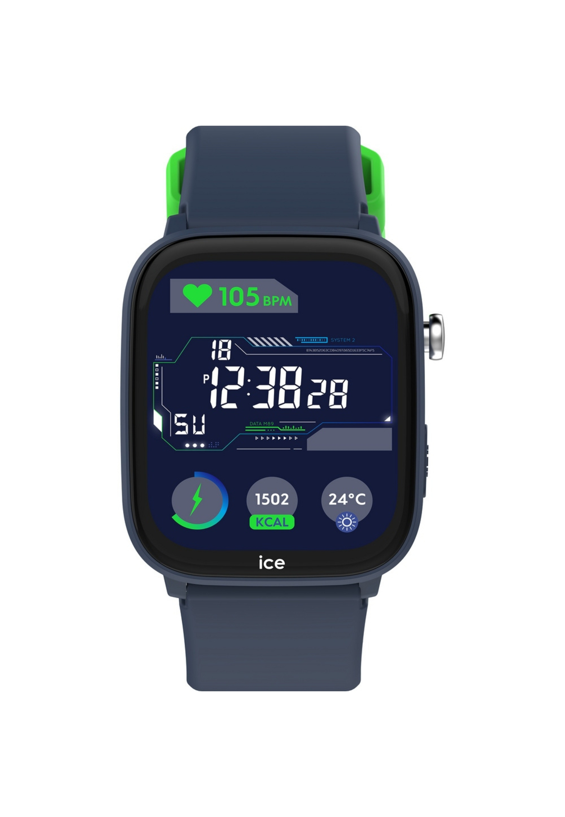 Uno smartwatch con cinturino blu e accento verde. Lo schermo mostra dati sanitari, tra cui ora e frequenza cardiaca.