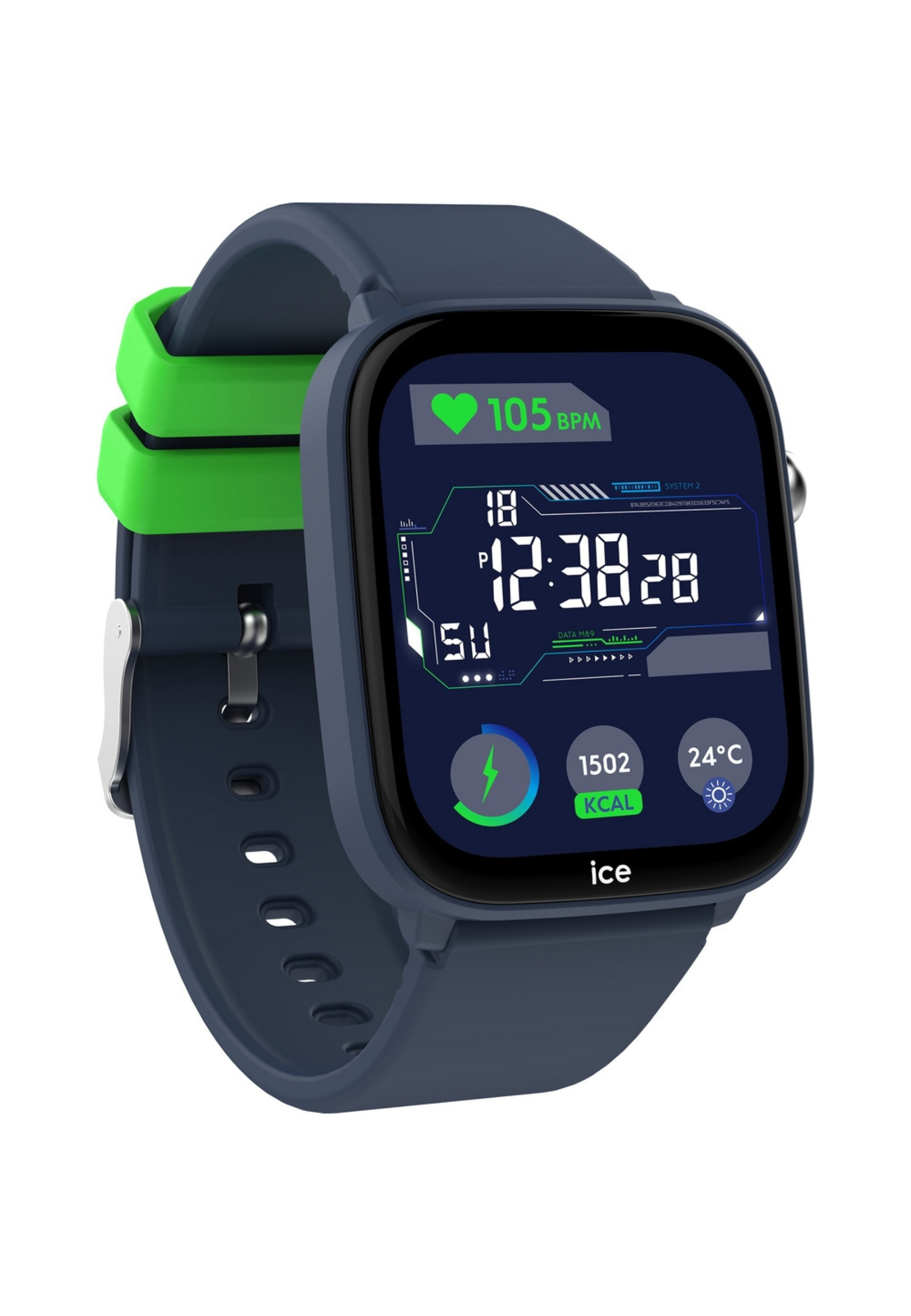 Smartwatch con cinturino blu e accento verde, mostra ora, frequenza cardiaca e altri dati.