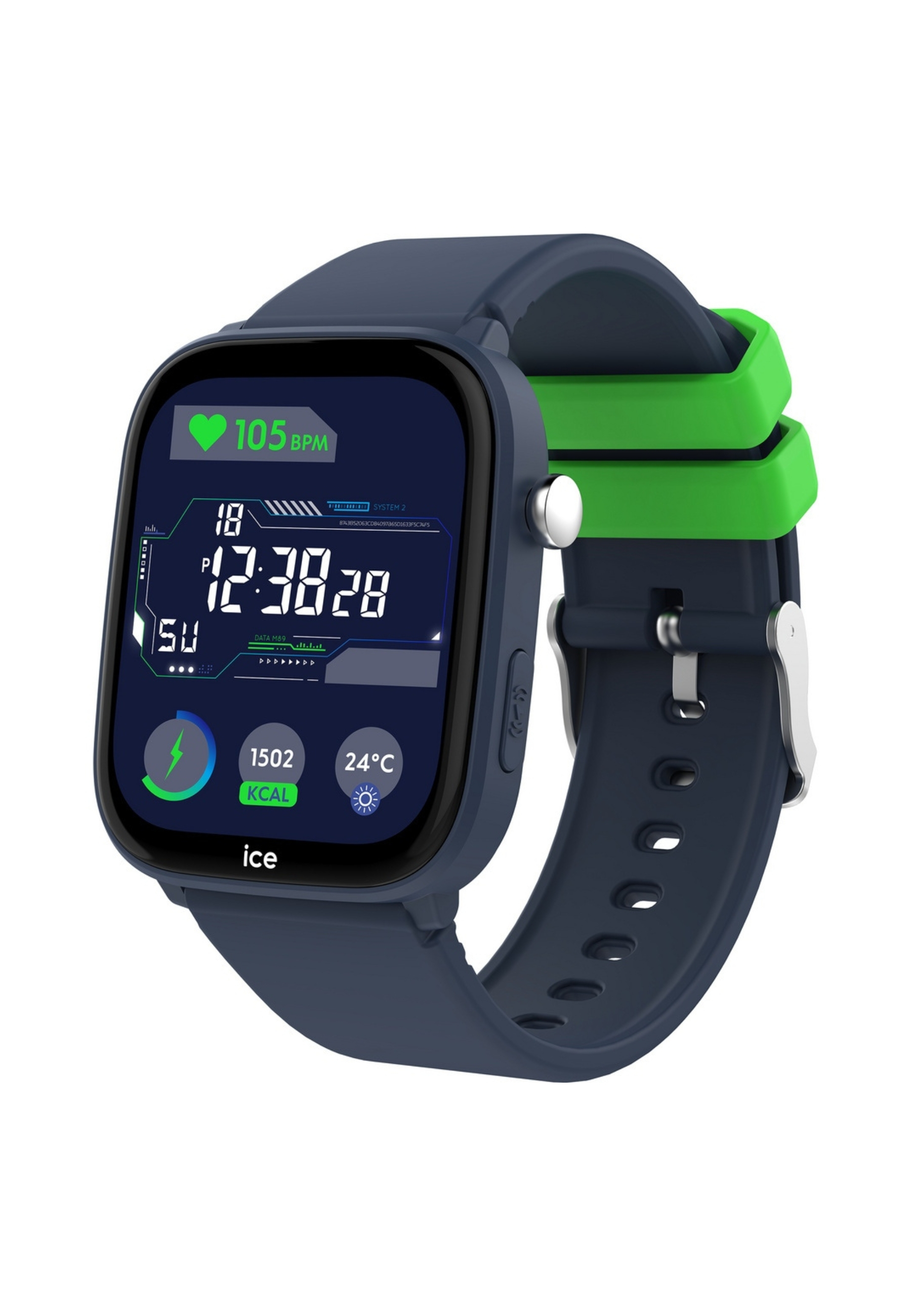 Smartwatch con cinturino blu, cinturino verde e display digitale che mostra l'ora e le statistiche sanitarie.
