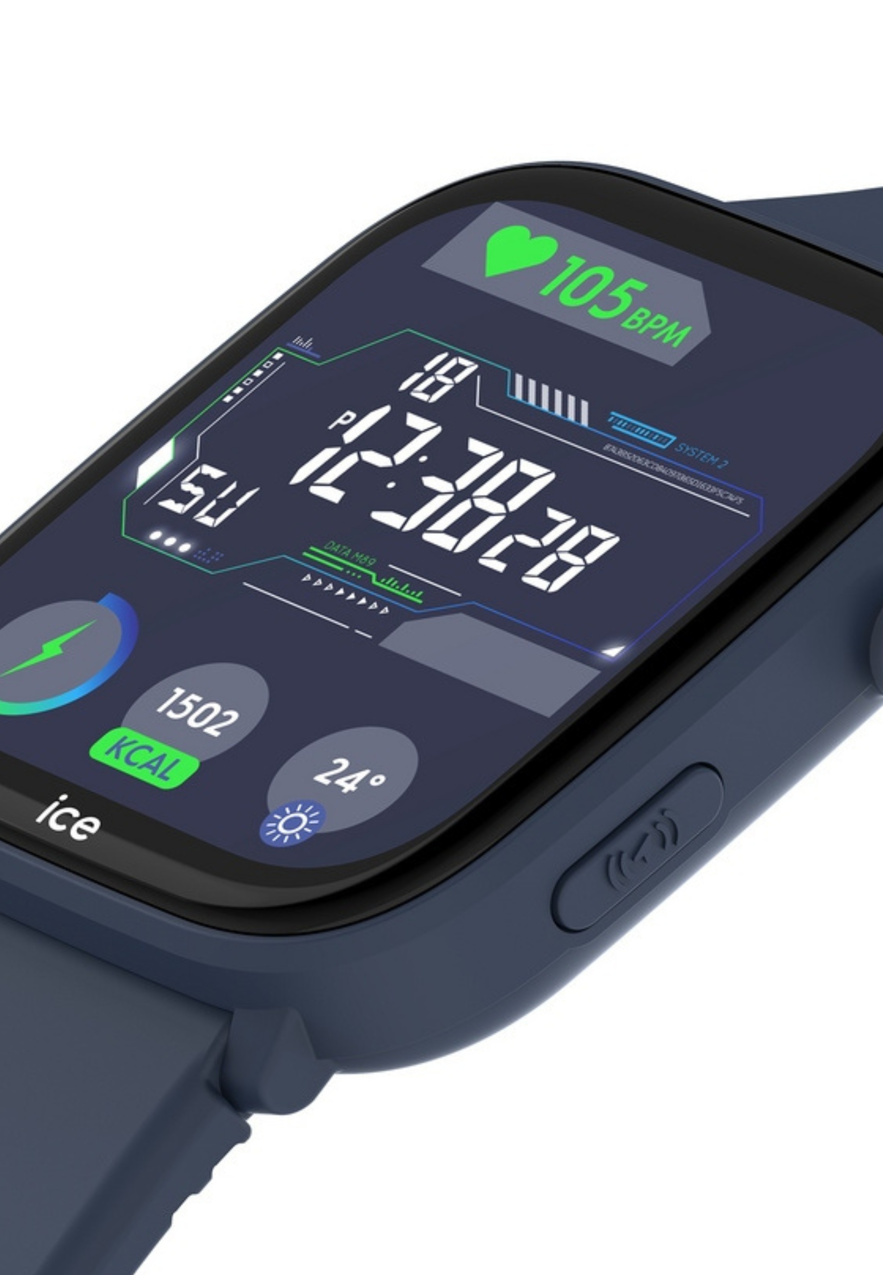 Smartwatch mit Datenanzeige: Uhrzeit, Herzfrequenz, verbrannte Kalorien. Blaues Armband. Weißer Hintergrund.