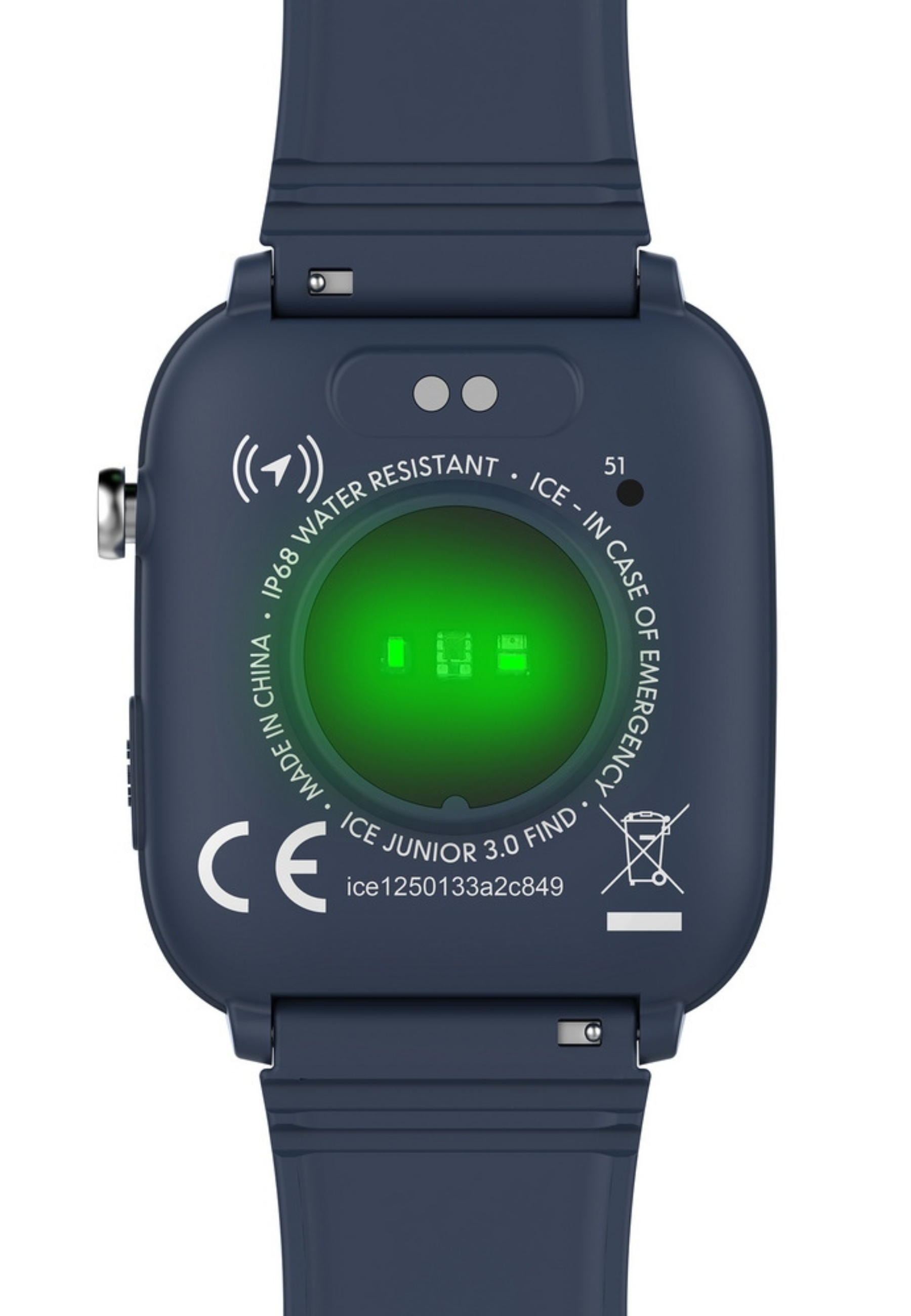 Die Rückseite einer dunkelblauen Smartwatch mit grünem Licht und Text zur Wasserbeständigkeit.