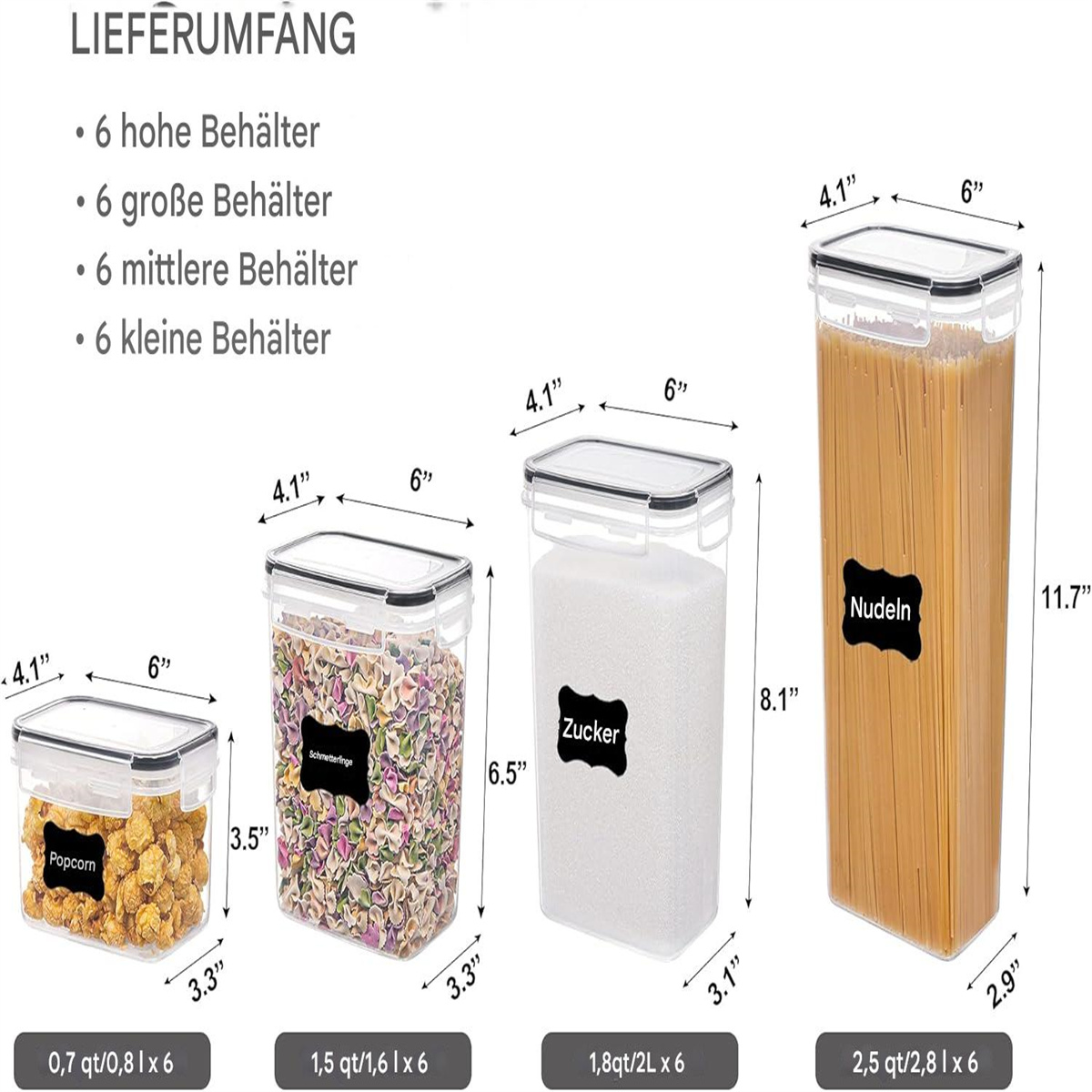 Vier durchsichtige Lebensmittelbehälter mit verschiedenen Inhalten, die als Popcorn, Süßigkeiten, Zucker und Nudeln gekennzeichnet sind.