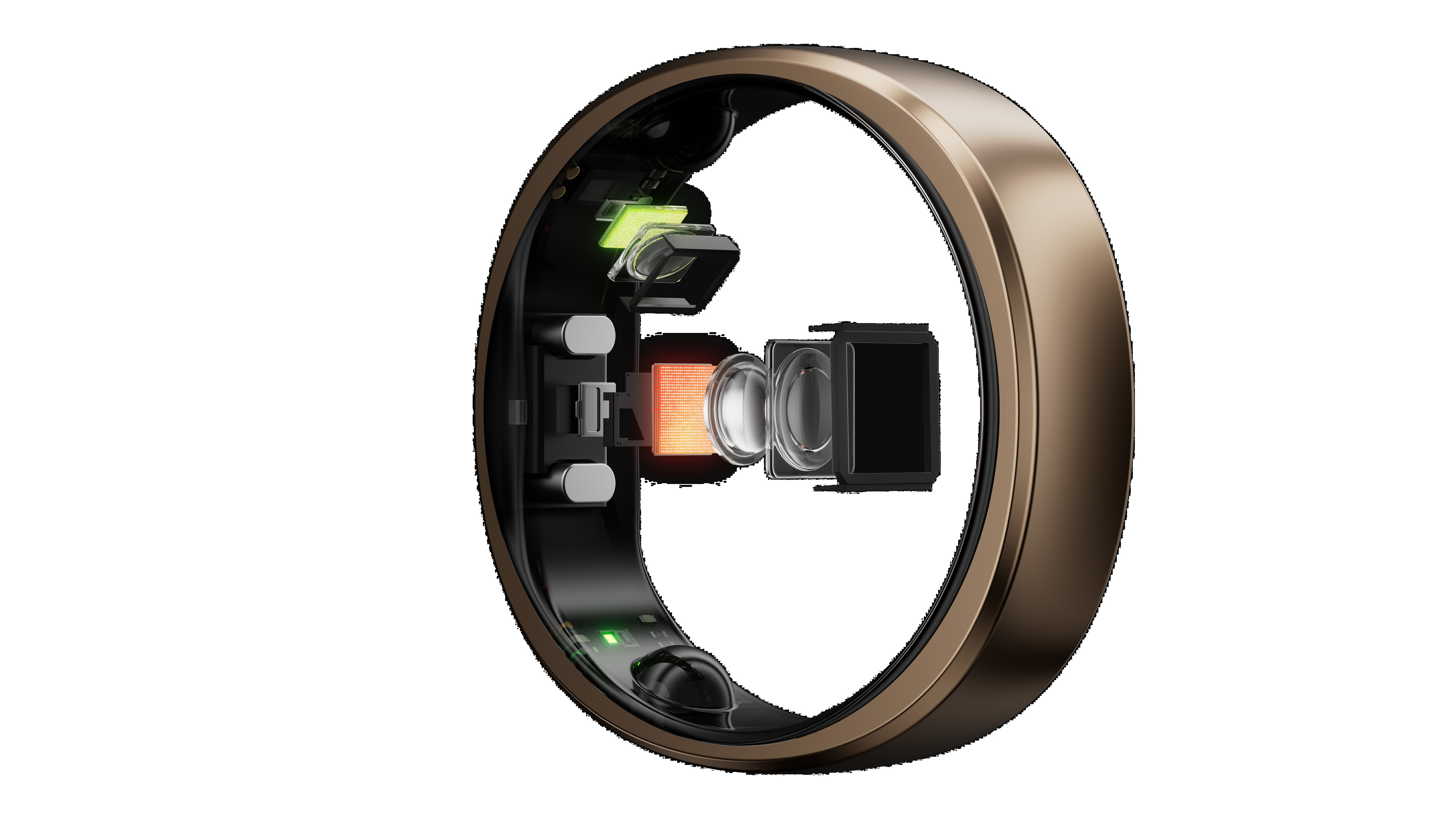 Ein braunes, ringförmiges Smart-Gerät mit sichtbaren internen Komponenten. Es hat eine goldene Oberfläche und Sensoren.