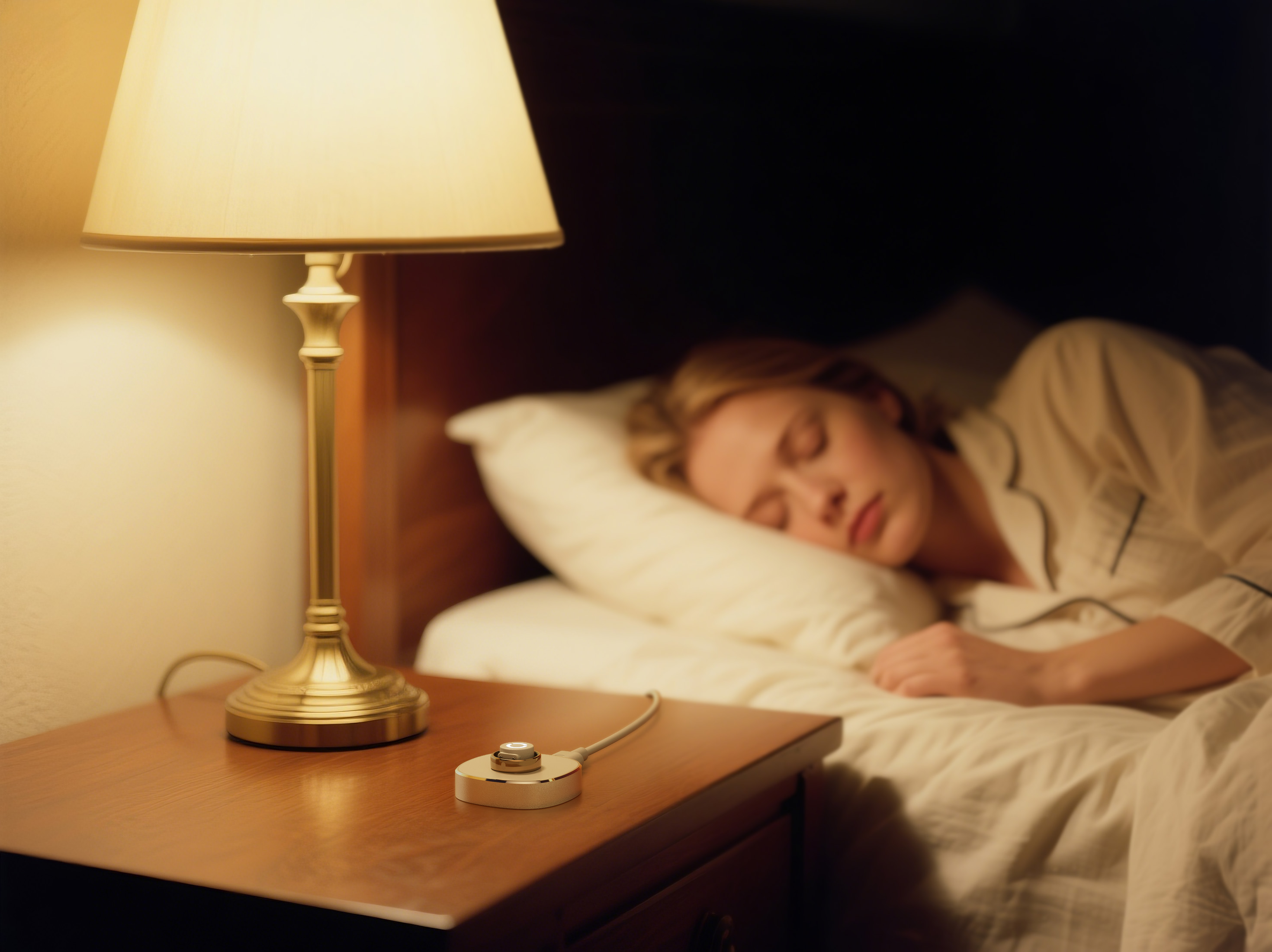 Eine Frau schläft im Bett neben einer Lampe und einem Knopf auf dem Nachttisch. Warmes Licht.