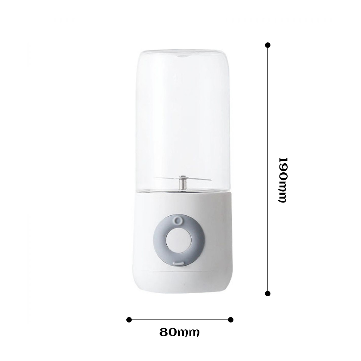 Weißer tragbarer Mixer mit transparentem Behälter und Abmessungen von 80 mm x 190 mm.