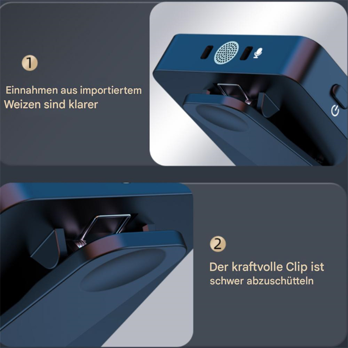 Nahaufnahme eines schwarzen Geräts mit Text und Clip, zwei Bilder.