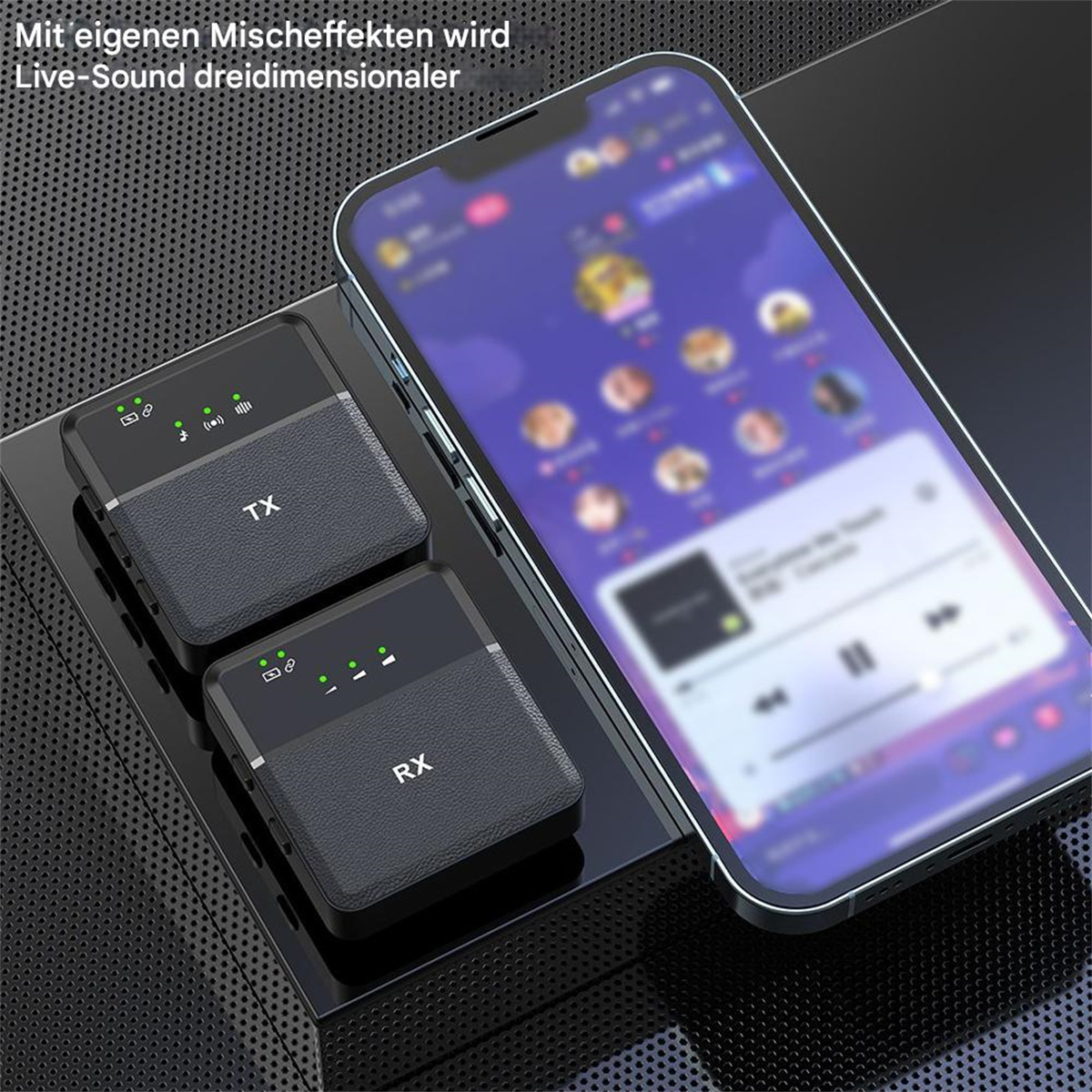 Drahtlose Mikrofone und ein Telefon auf einer schwarzen Oberfläche, mit Text auf dem Bildschirm.