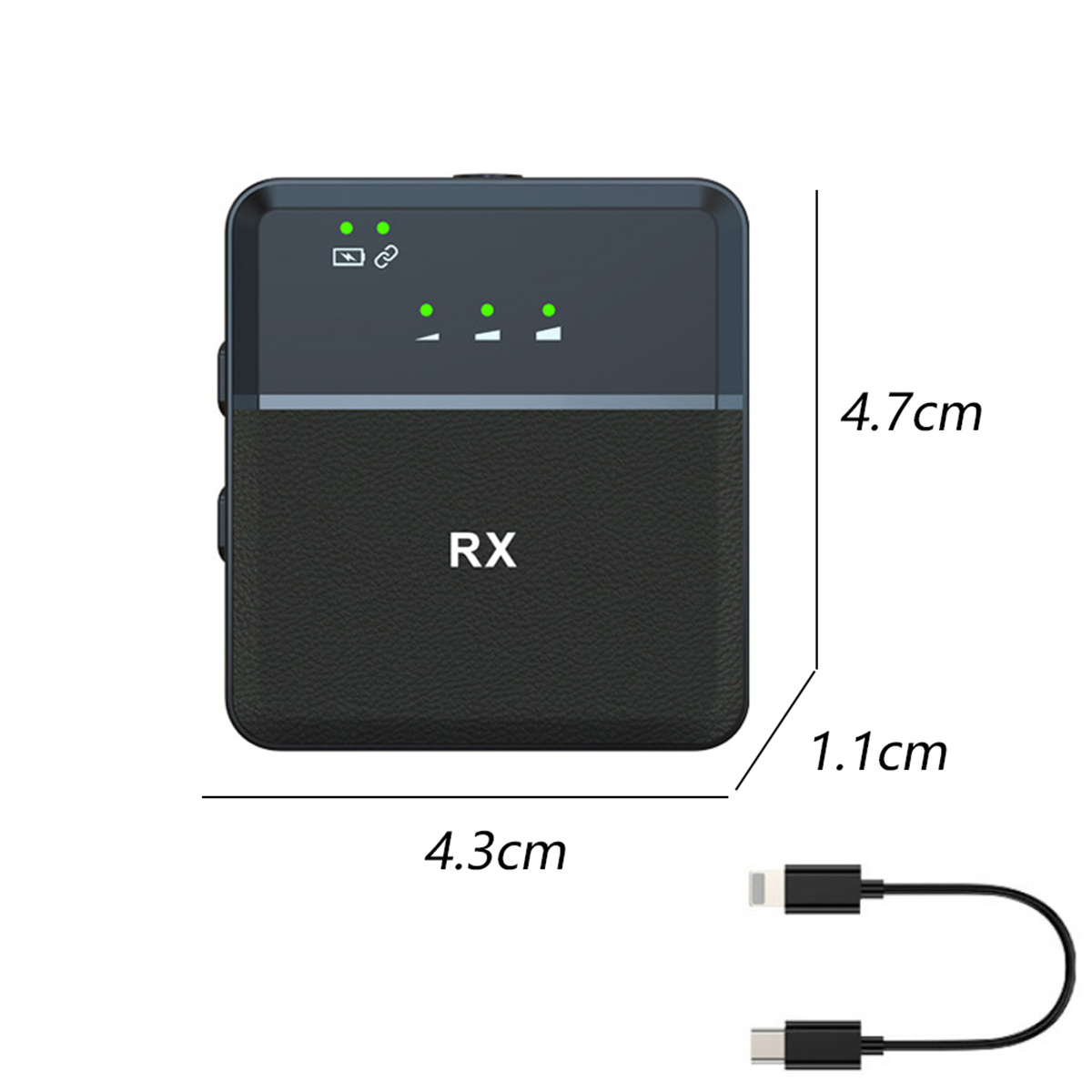 Schwarzer Empfänger mit Abmessungen, einem Kabel und grünen Statusleuchten.