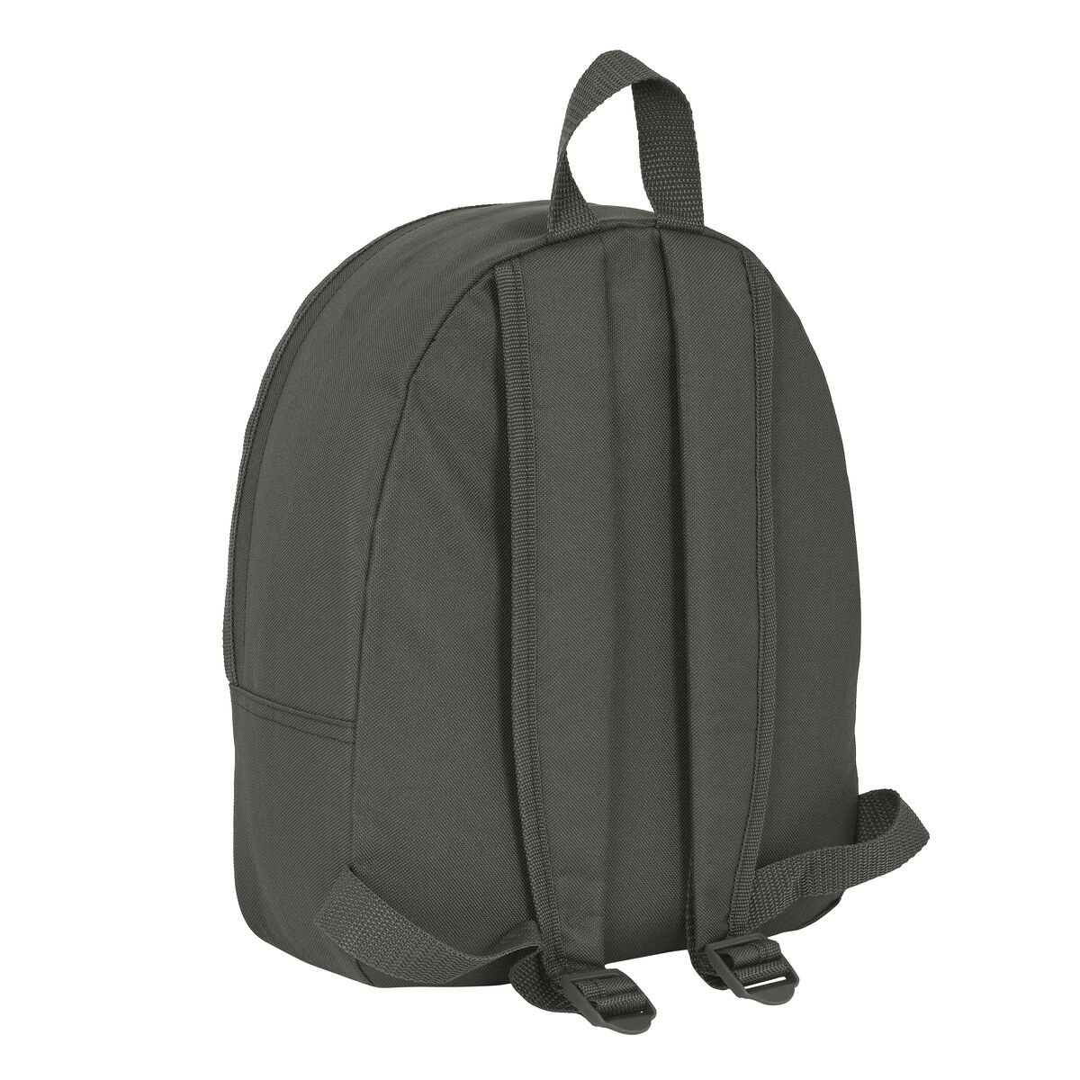 Mochila gris, vista trasera. Dos correas, asa y dos correas ajustables.