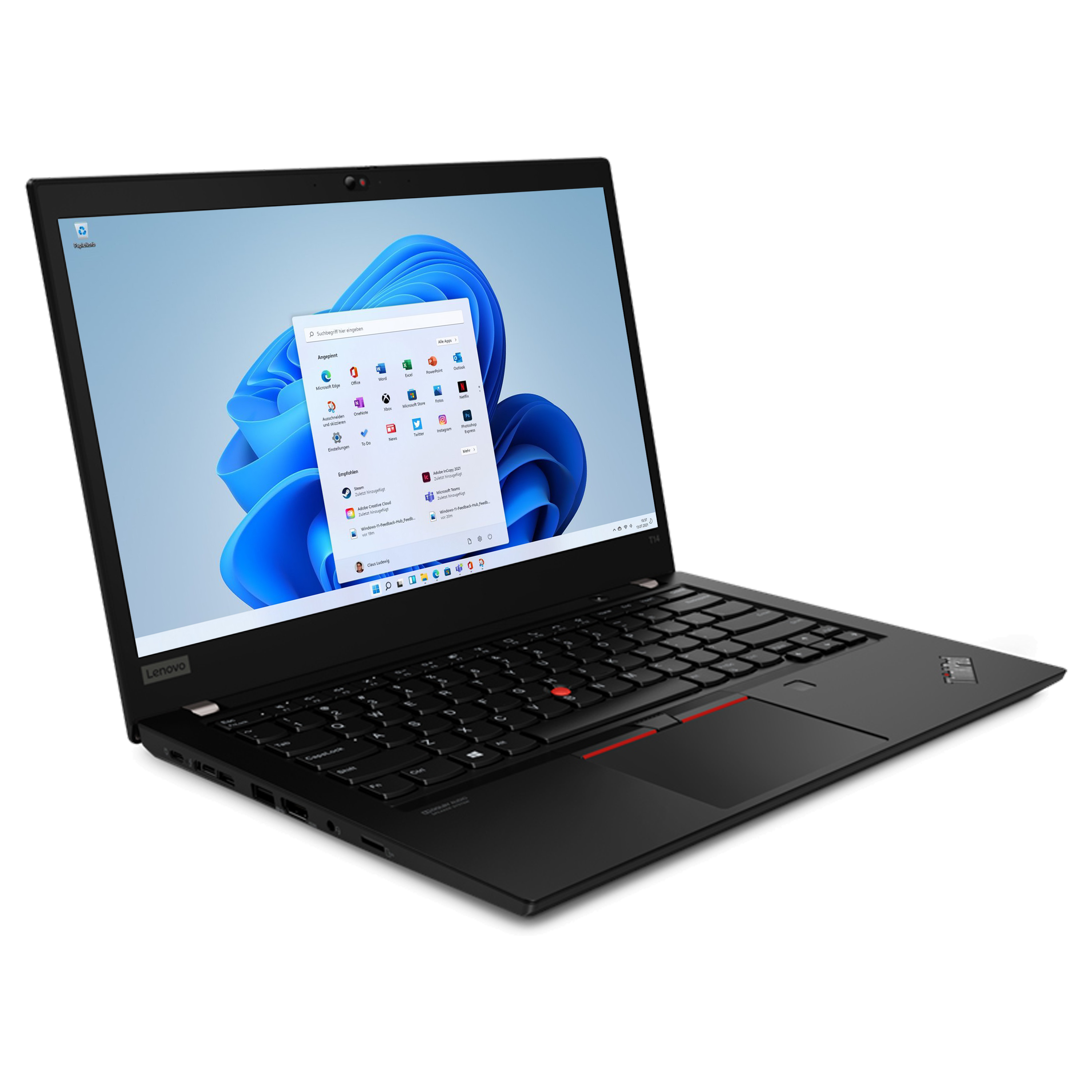 Schwarzer Lenovo Laptop auf weißer Oberfläche, geöffnet mit Windows 11 Oberfläche.