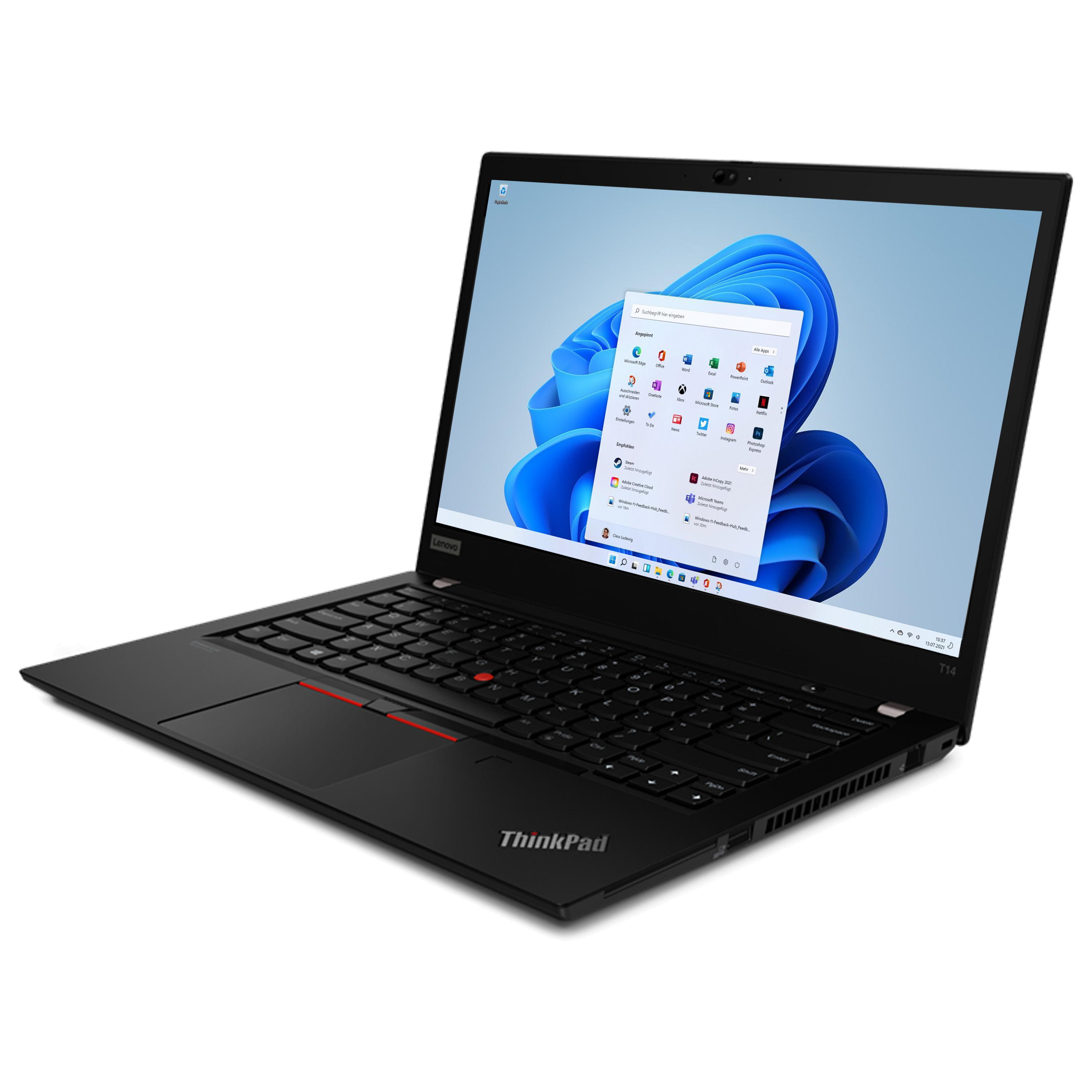 Schwarzes ThinkPad-Laptop mit Windows auf dem Bildschirm. Tastatur und Lenovo-Logo sichtbar.