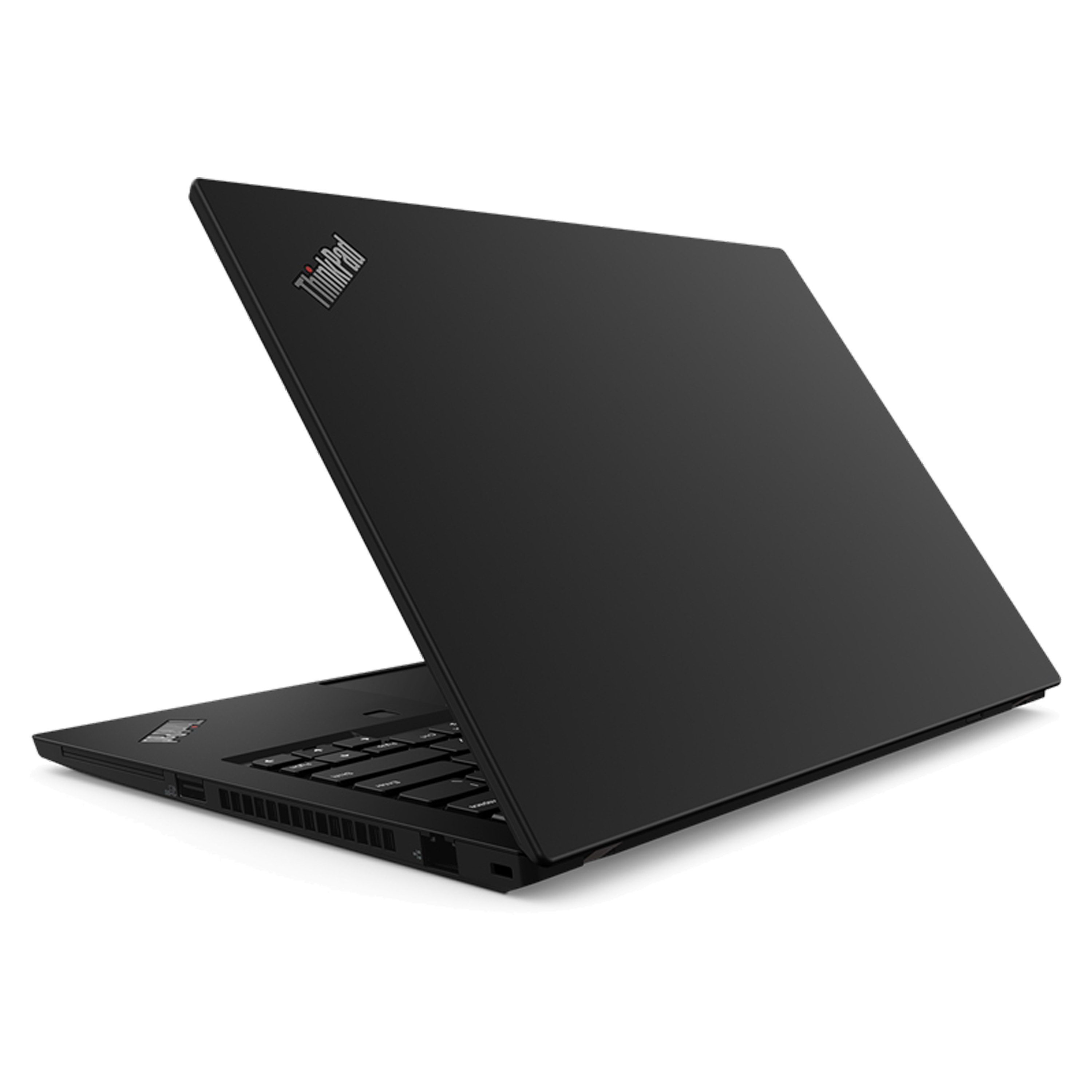 Ein schwarzes Laptop, leicht geöffnet, auf einer weißen Oberfläche. Das ThinkPad-Logo ist sichtbar.