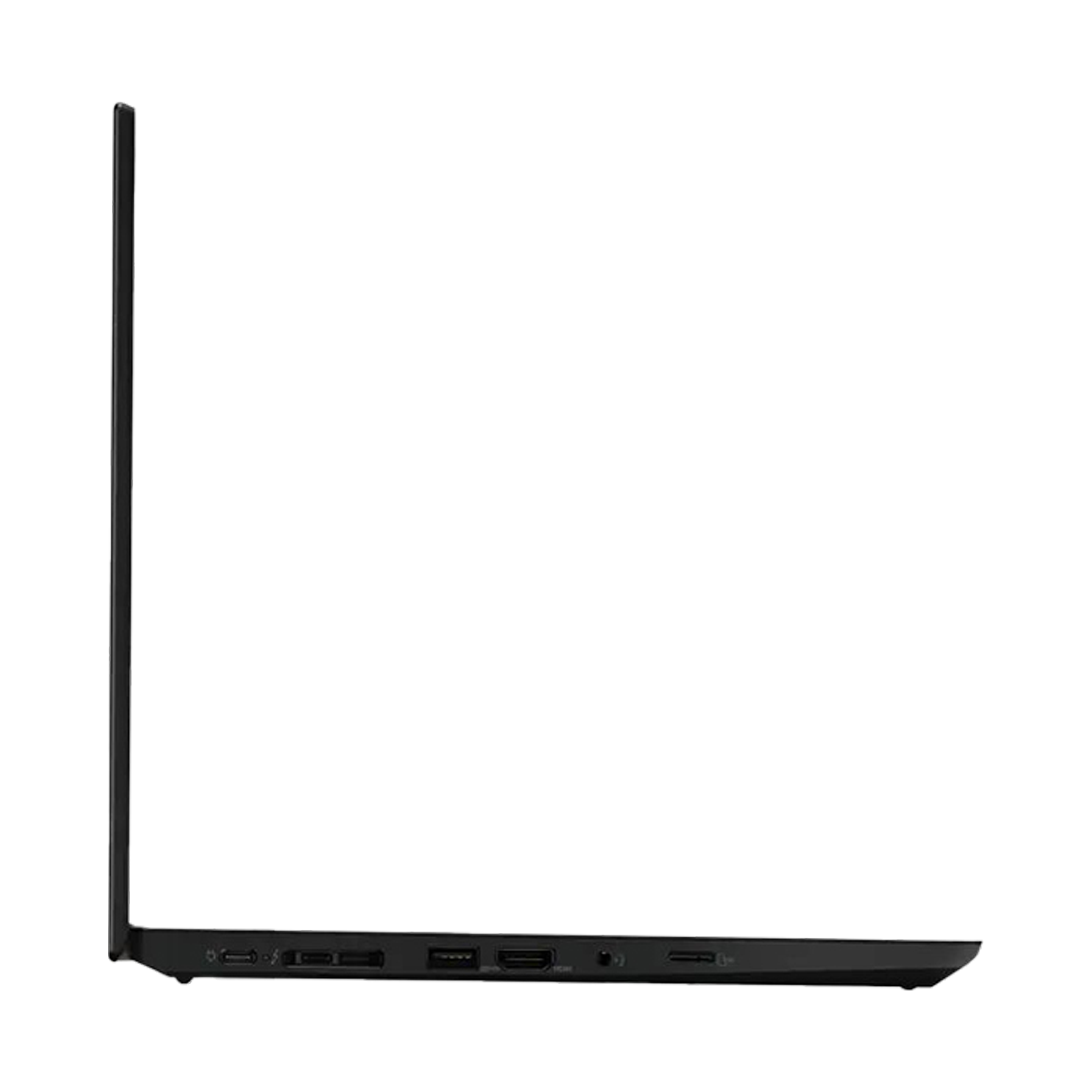 Seitenansicht eines schwarzen Laptops. Mehrere Anschlüsse an der Seite. Weißer Hintergrund.
