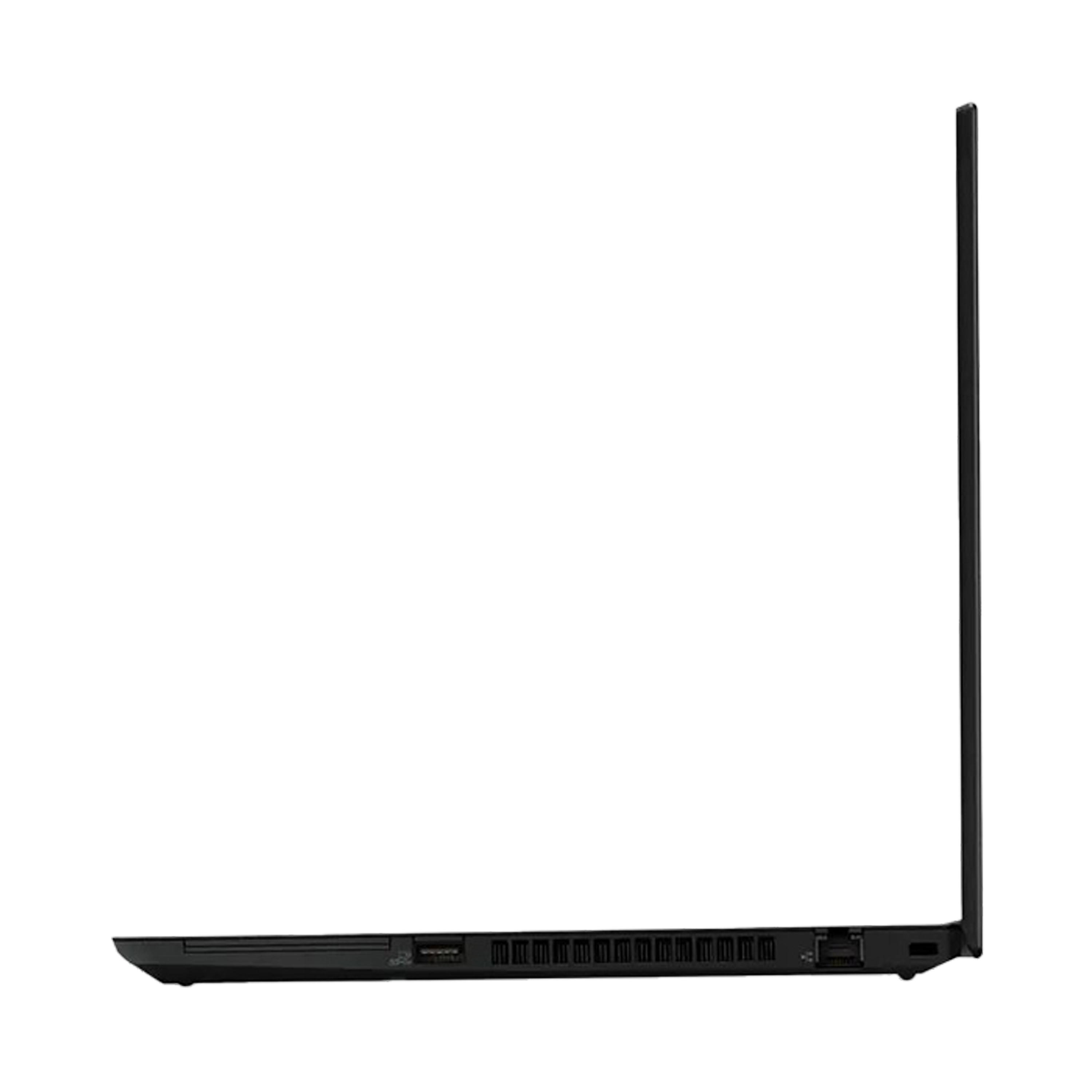 Ein schwarzer Laptop, Seitenansicht, mit geschlossenem Bildschirm.