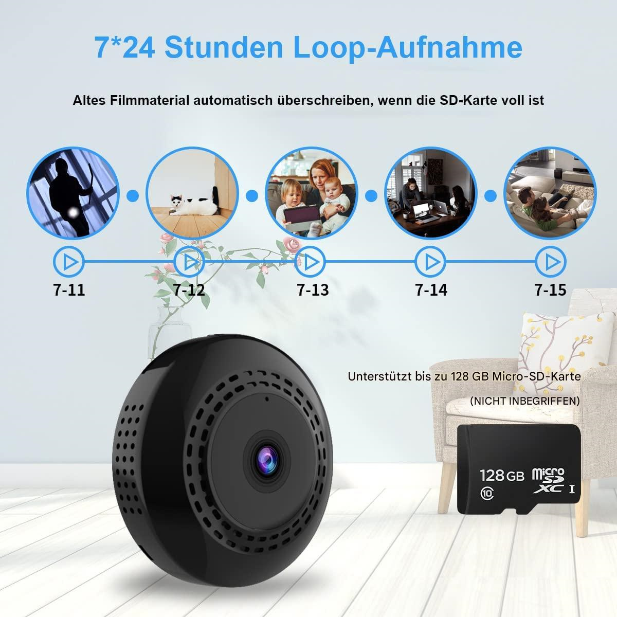 Eine schwarze, runde Überwachungskamera mit einer Micro-SD-Karte, umgeben von Bildern, die Überwachung zeigen.