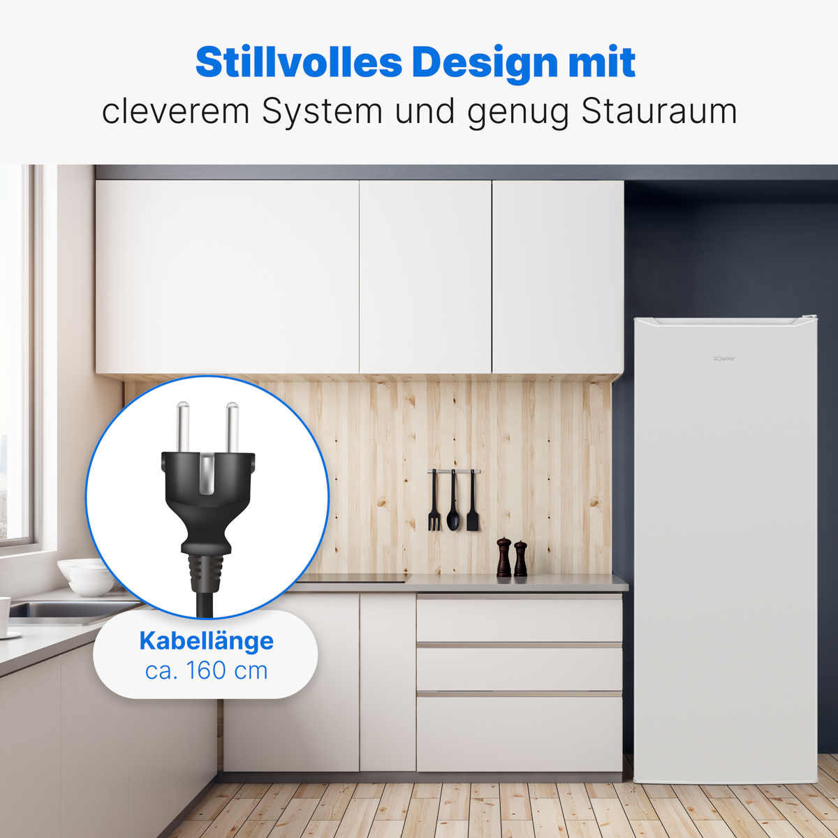 Kücheninnenraum mit weißem Kühlschrank. Text: Stilvolles Design mit cleverem System und Stauraum.