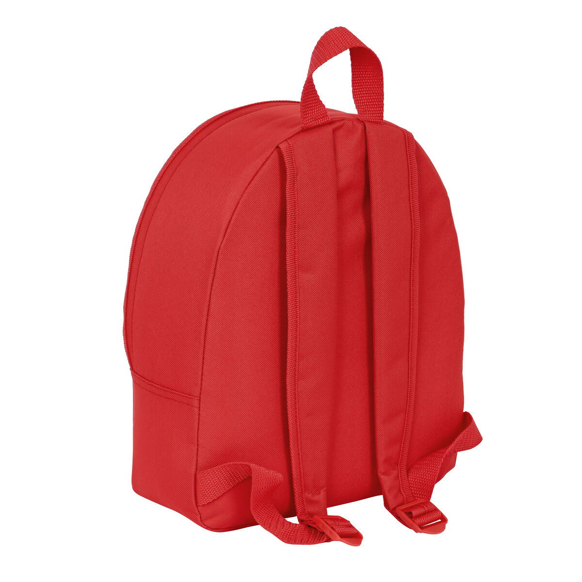 Roter Rucksack mit Schultergurten und einem Griff. Weißer Hintergrund.