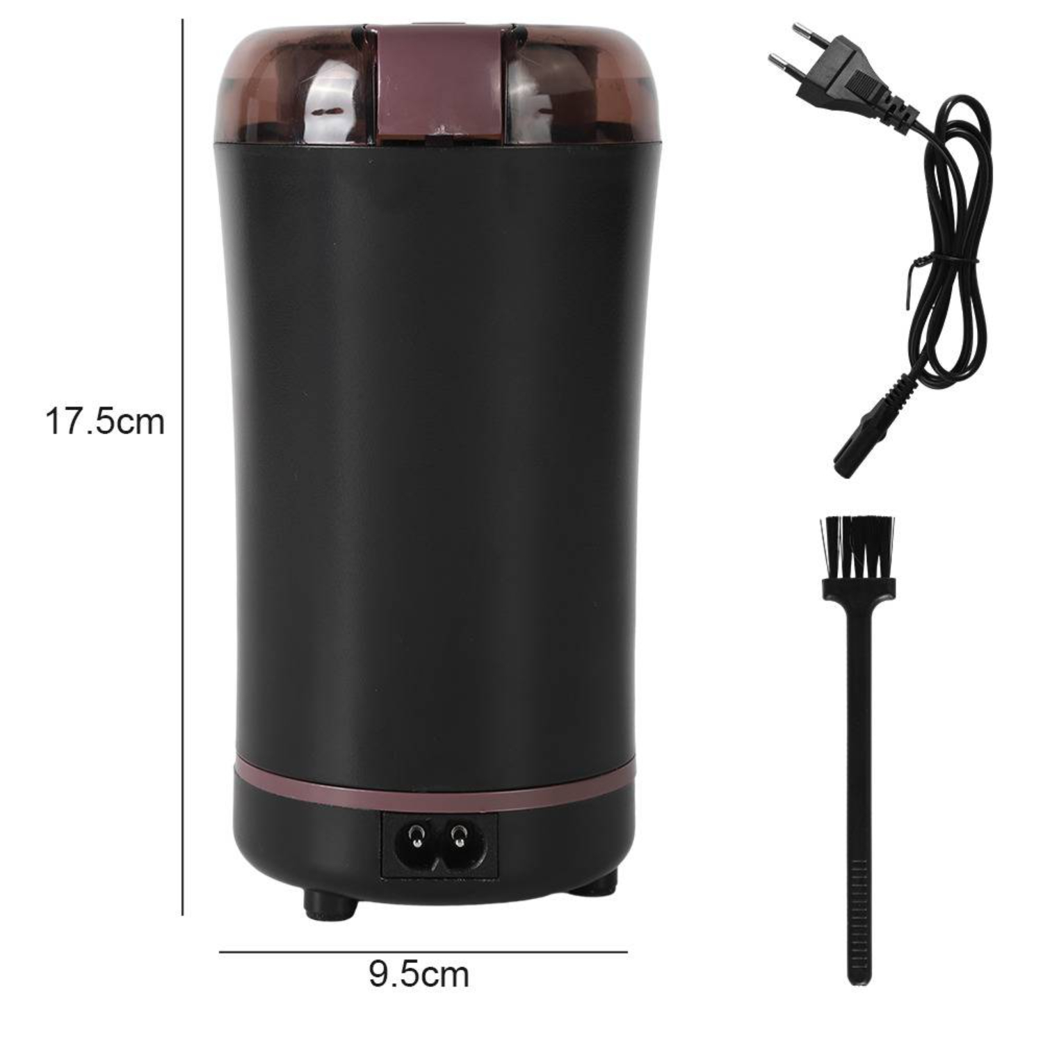 Schwarze Kaffeemühle mit Zubehör und Netzkabel.