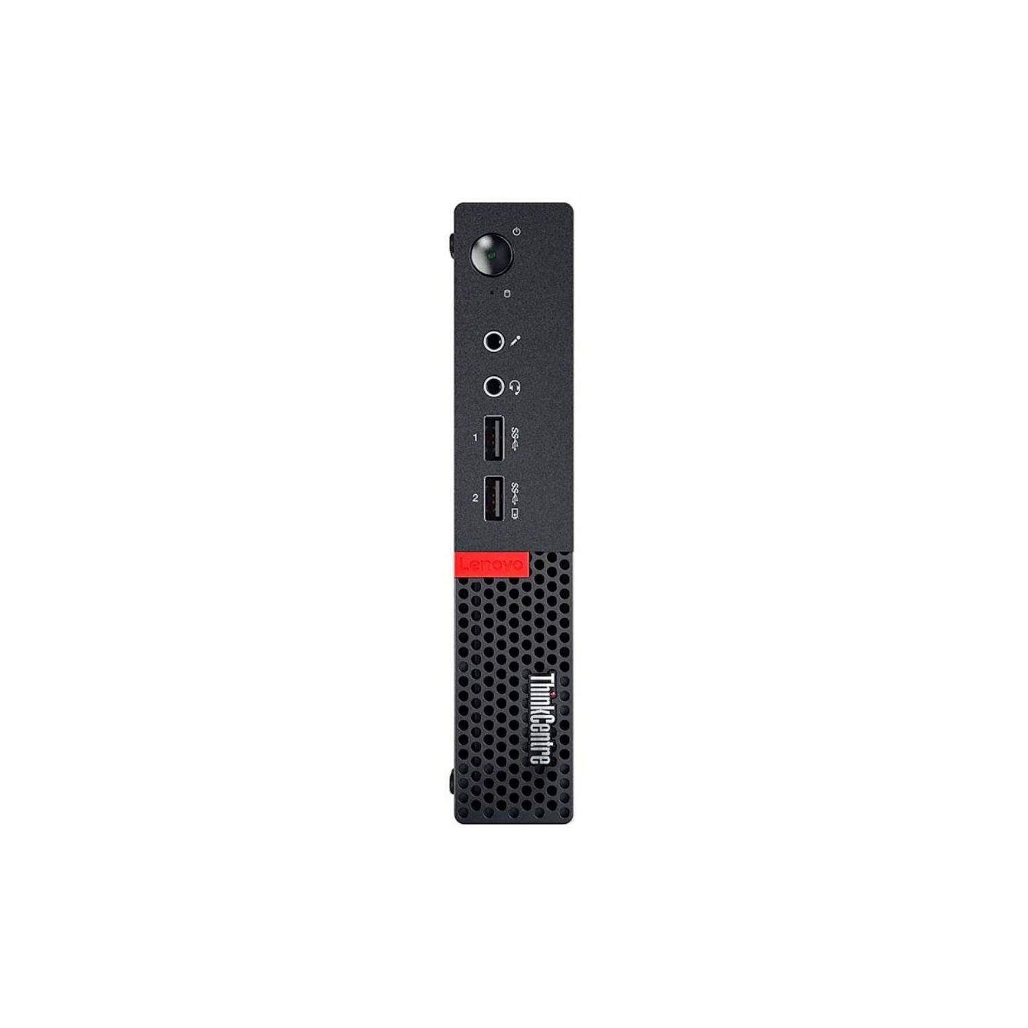 Una mini PC Lenovo ThinkCentre negra y roja, con varios puertos en el lateral.