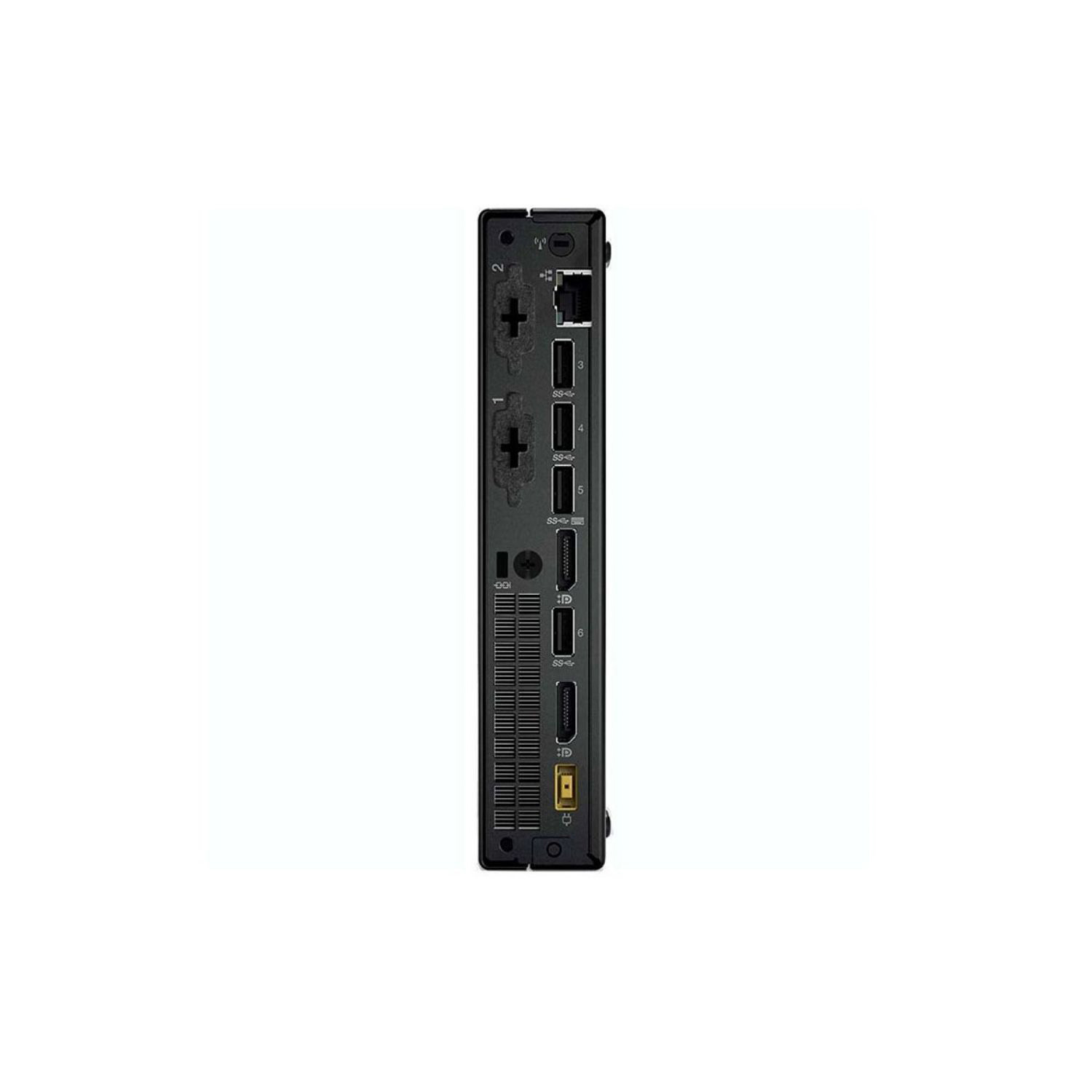 Ordenador negro con puertos en el lateral. Varios puertos visibles, incluyendo USB y HDMI.