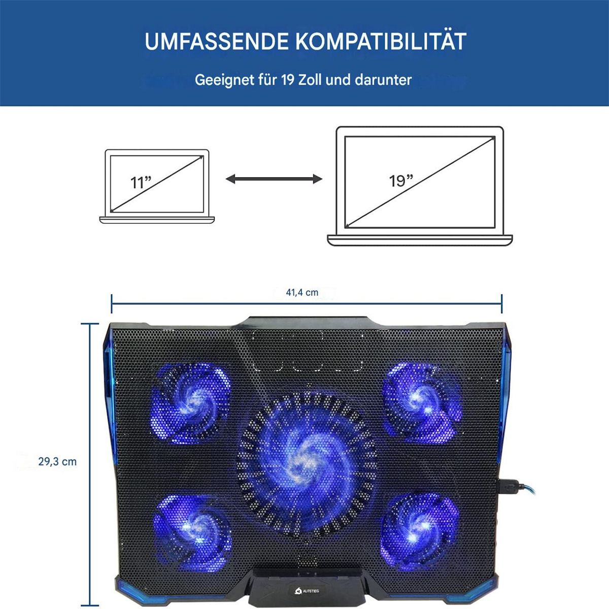 Ein schwarz-blaues Kühlpad mit Lüftern. Es steht auf einem Tisch mit Maßangaben in cm.