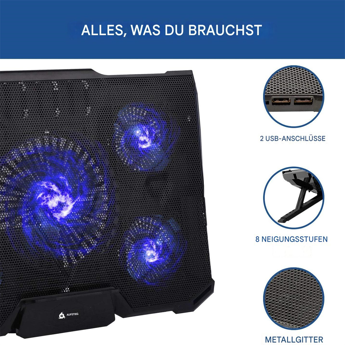 Laptop-Kühler mit blauen Lüftern. Text: Alles, was du brauchst.
