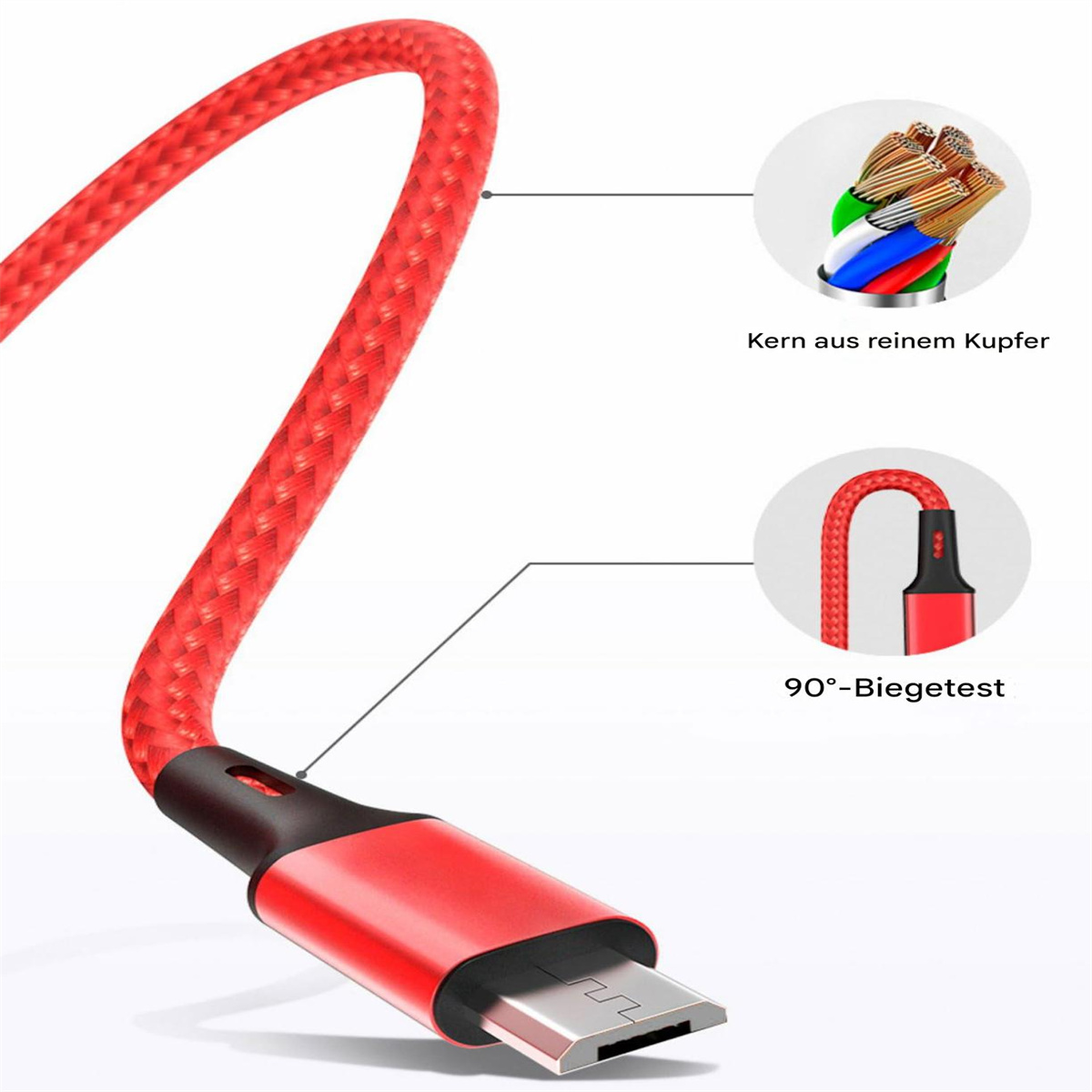 Ein rotes USB-C-Ladekabel. Das Kabel ist rot mit geflochtenem Design, mit Nahaufnahmen der Kabelenden.