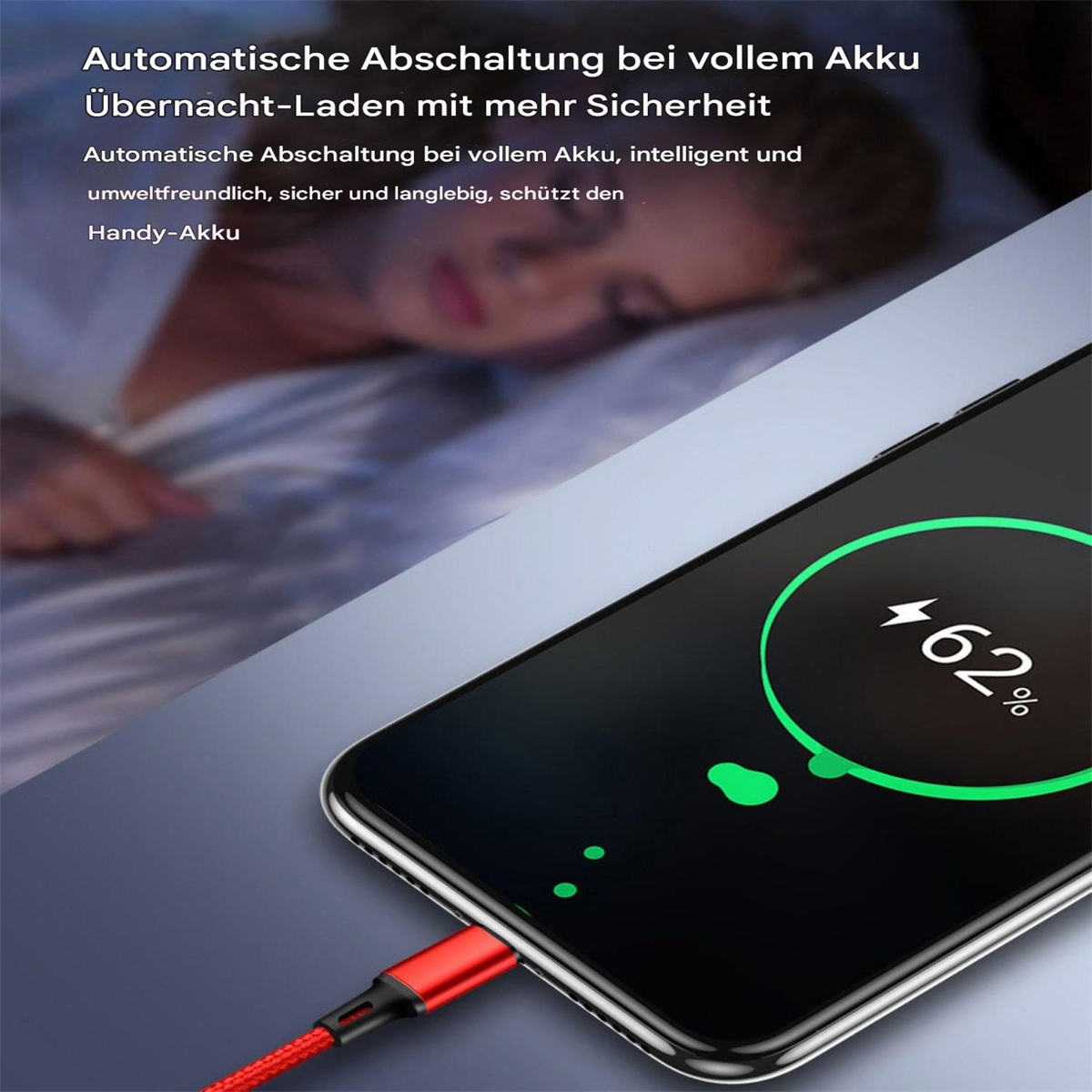 Ein Telefon wird geladen, der Bildschirm zeigt 62% Ladung. Text sagt automatische Abschaltung bei voller Ladung.