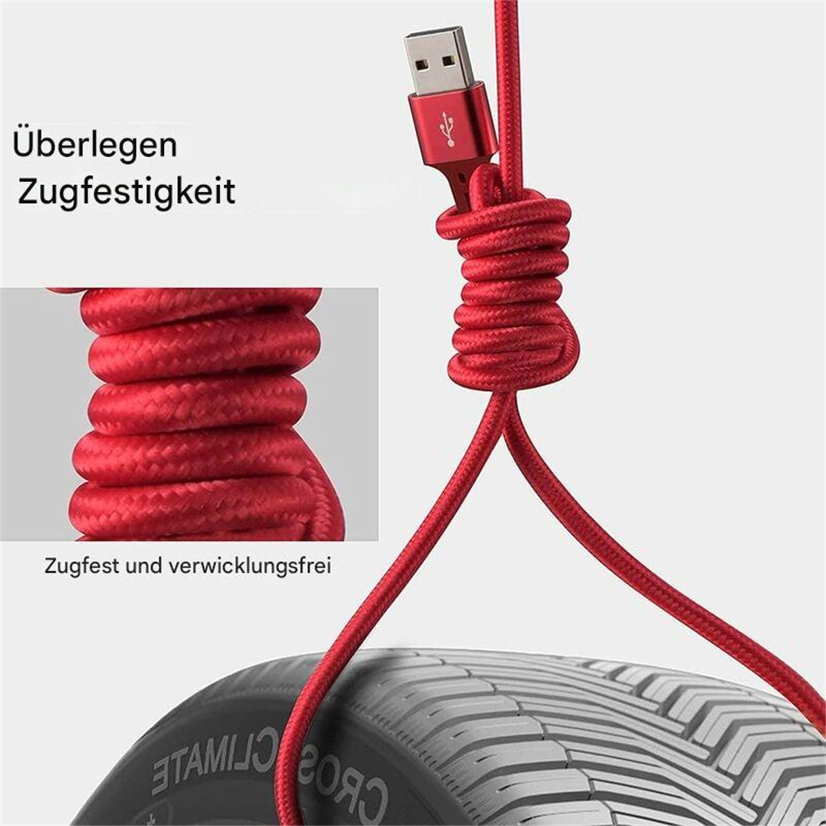 Ein rotes USB-Kabel mit USB-A-Anschluss und Text über Zugfestigkeit.