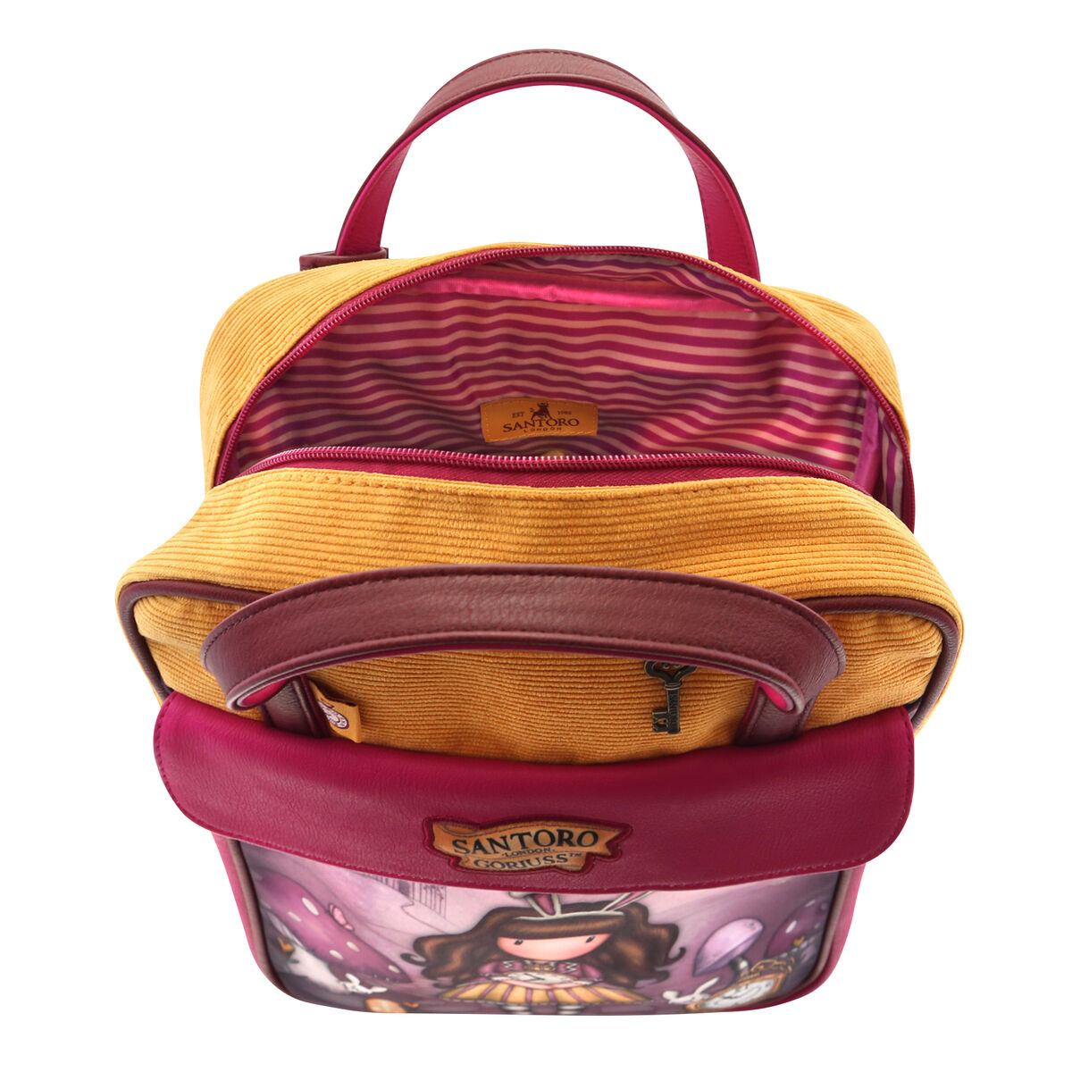 Gelbe Cord-Handtasche mit bordeauxroten Details und einem farbenfrohen Frontdruck, geöffnet.