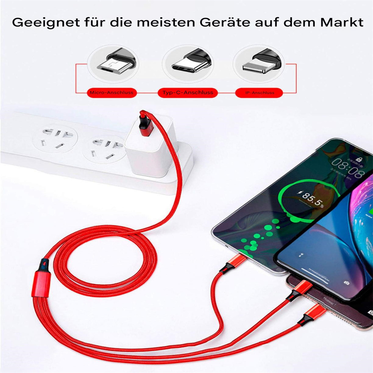 Mehrere Telefone werden über rote Kabel an einen Netzadapter und eine Steckdose angeschlossen.