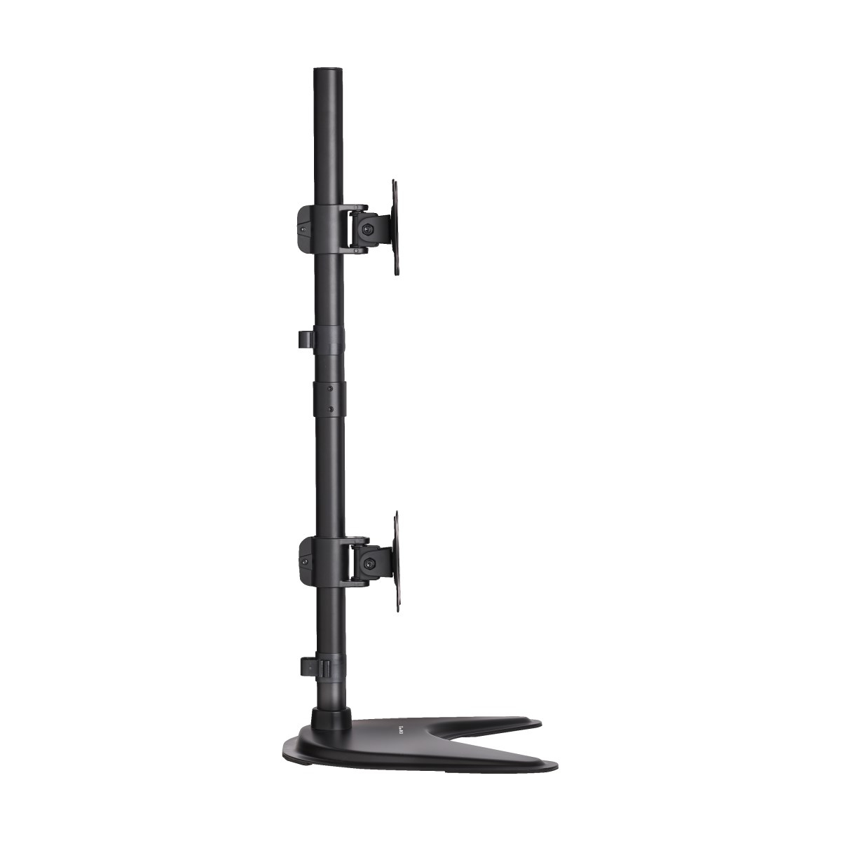 Ein schwarzer Monitorständer mit zentraler Stange und Halterungen für zwei Monitore.
